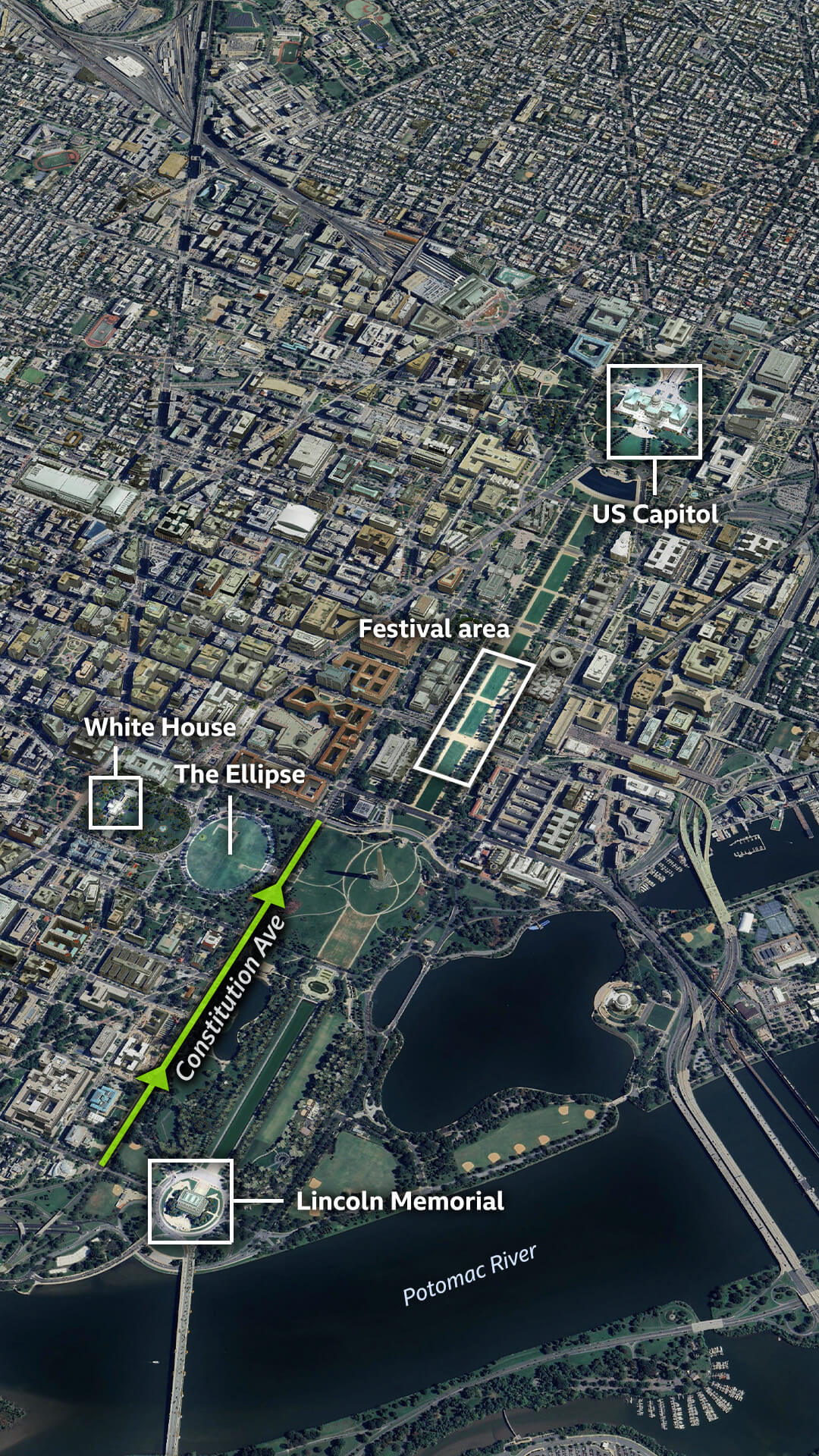 A satellite image of the centre of Washington DC showing the National Mall, where the festival events will be held during the day