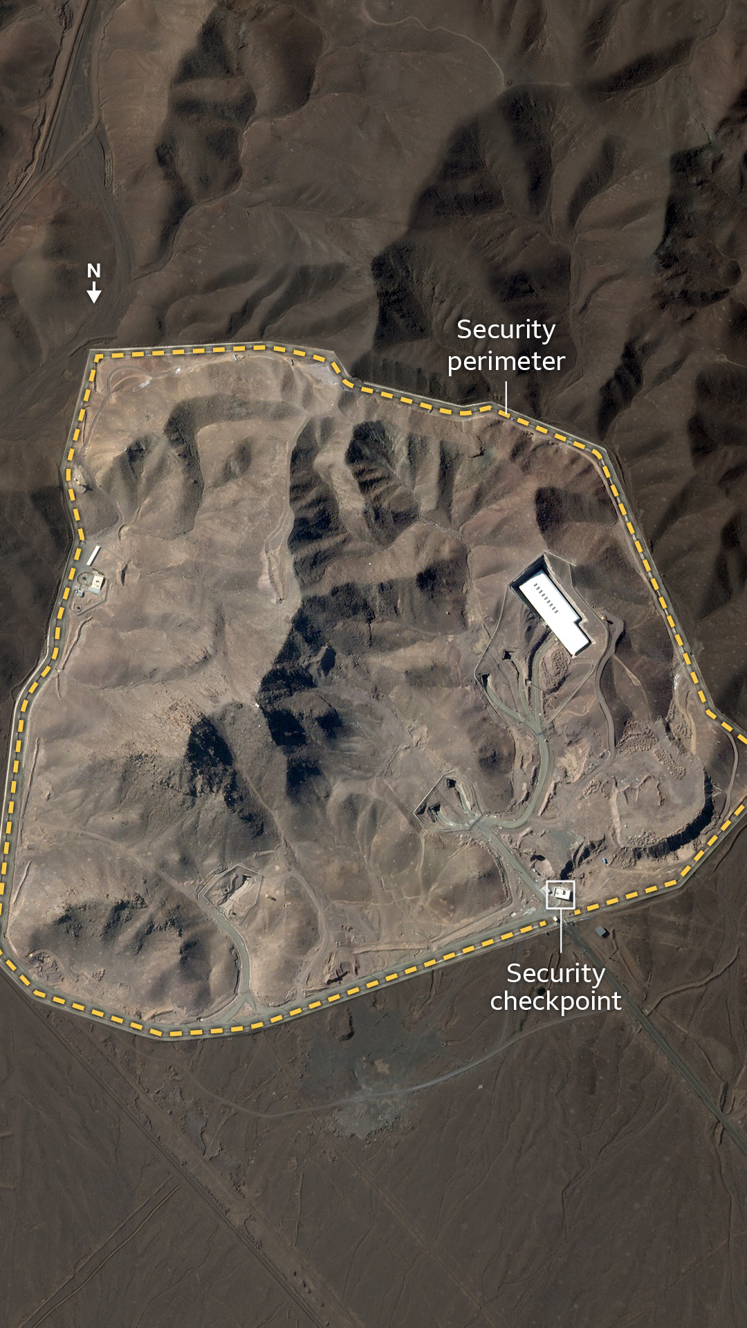 A satellite image of the Fordo site, showing the entrance tunnels