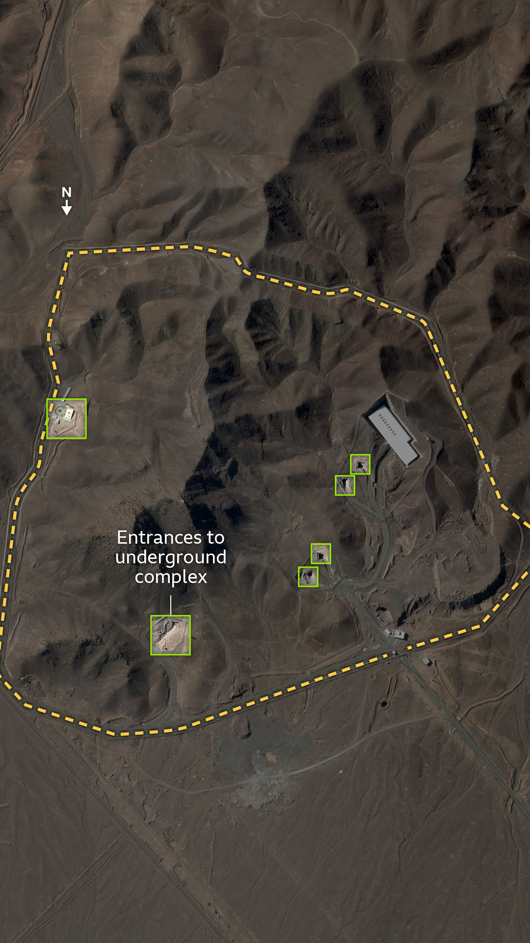 A satellite image of the Fordo site, showing the support building and road to the nearby support site