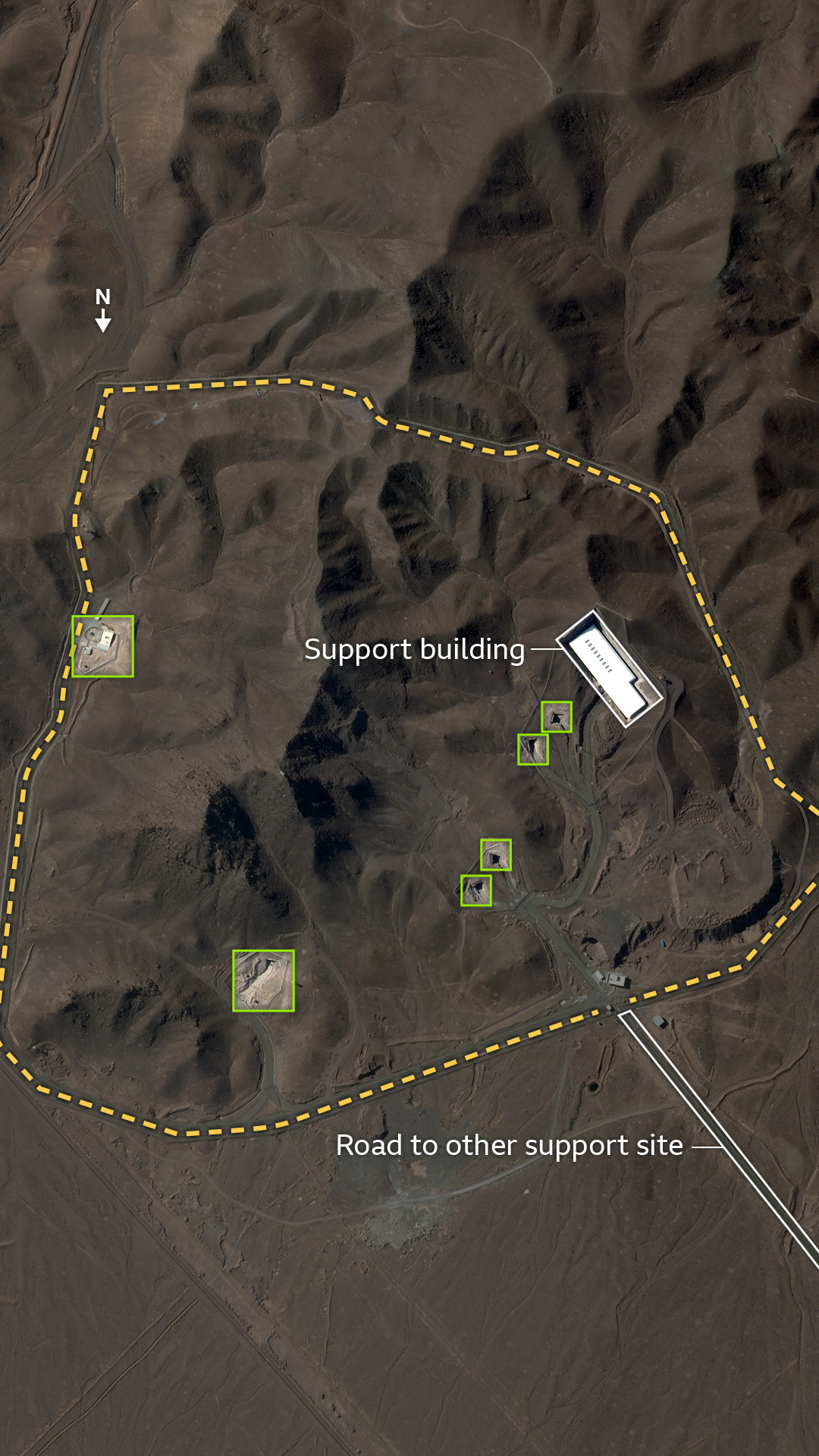 A satellite image of the Fordo site, showing the support building and road to the nearby support site