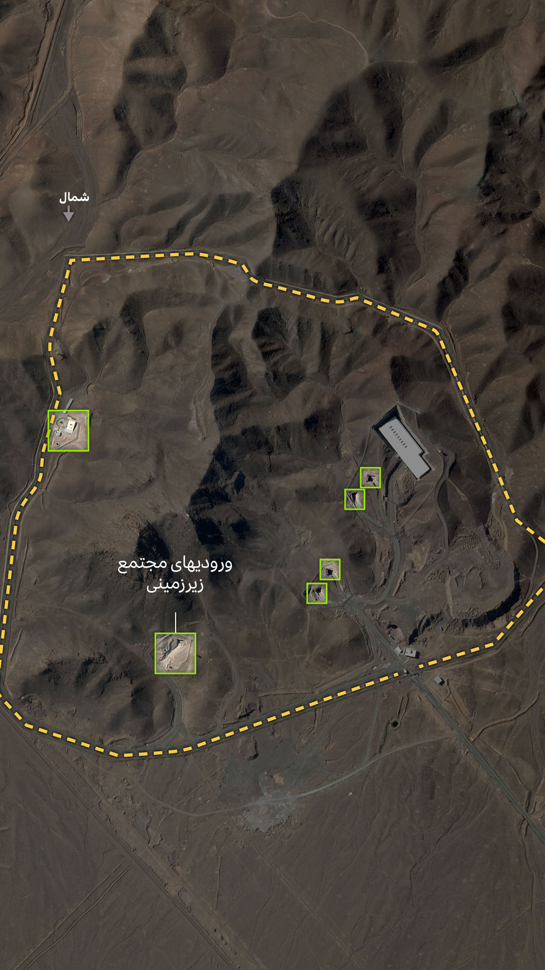 تصویر ماهوارهای از سایت فردو، که محدوده امنیتی و ایست بازرسی را نشان میدهد
