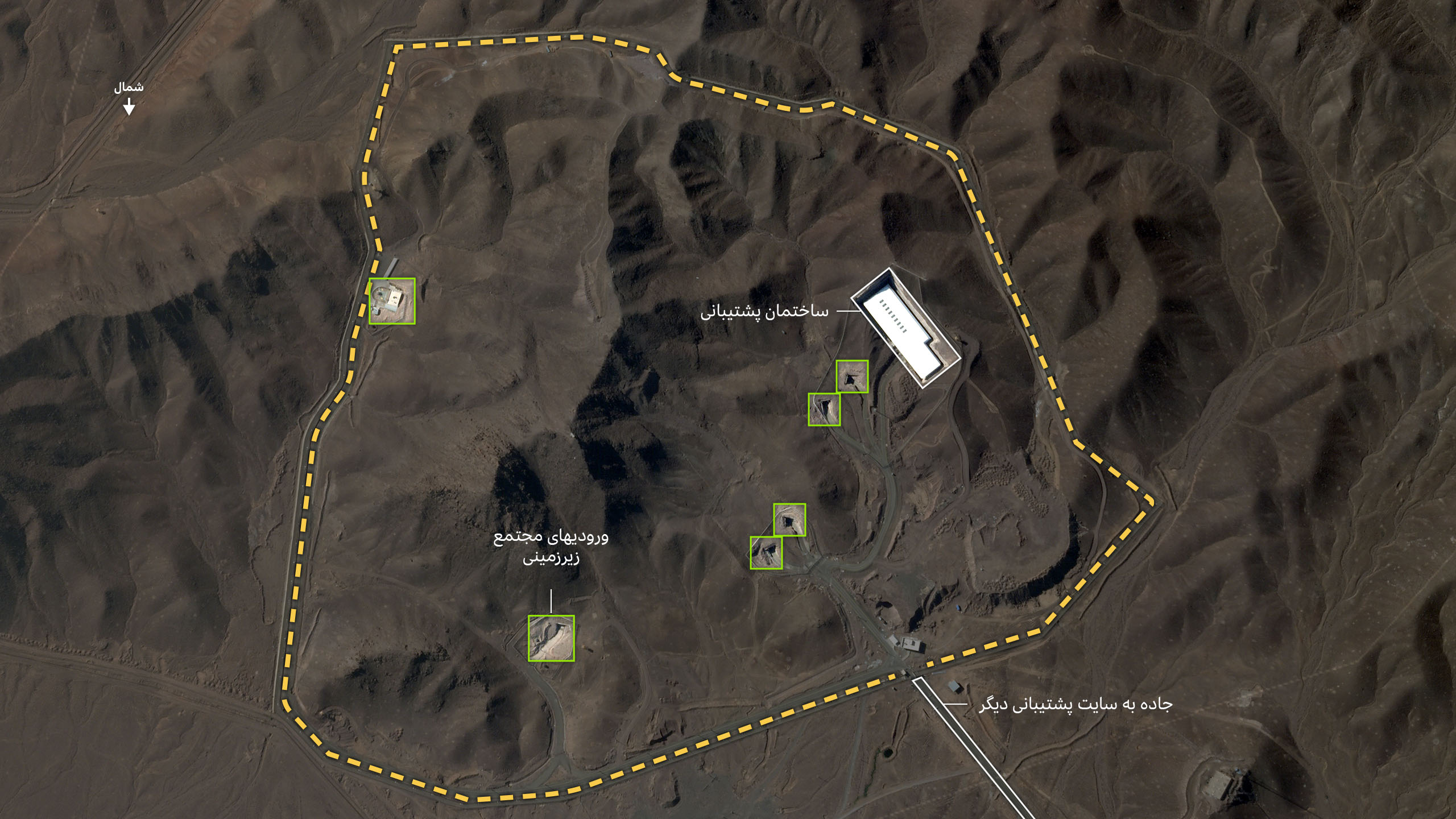 تصویر ماهواره‌ای از سایت فردو، که ساختمان پشتیبانی و جاده منتهی به سایت پشتیبانی مجاور را نشان می‌دهد