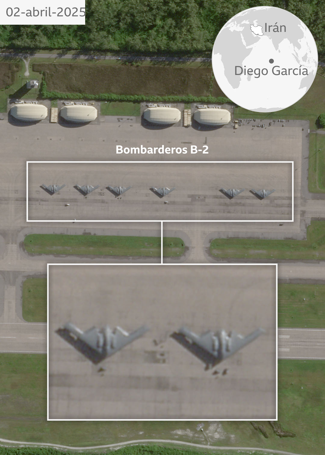 Una imagen satelital del 2 de abril de 2025 muestra seis bombarderos B-2 en la pista de la base militar de Diego García.