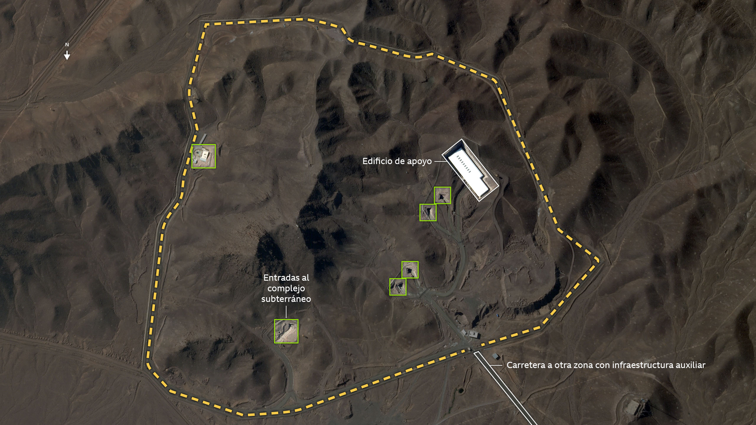 Una imagen satelital del sitio de Fordo, que muestra el edificio de apoyo y la carretera hacia una zona cercana de infraestructura auxiliar.
