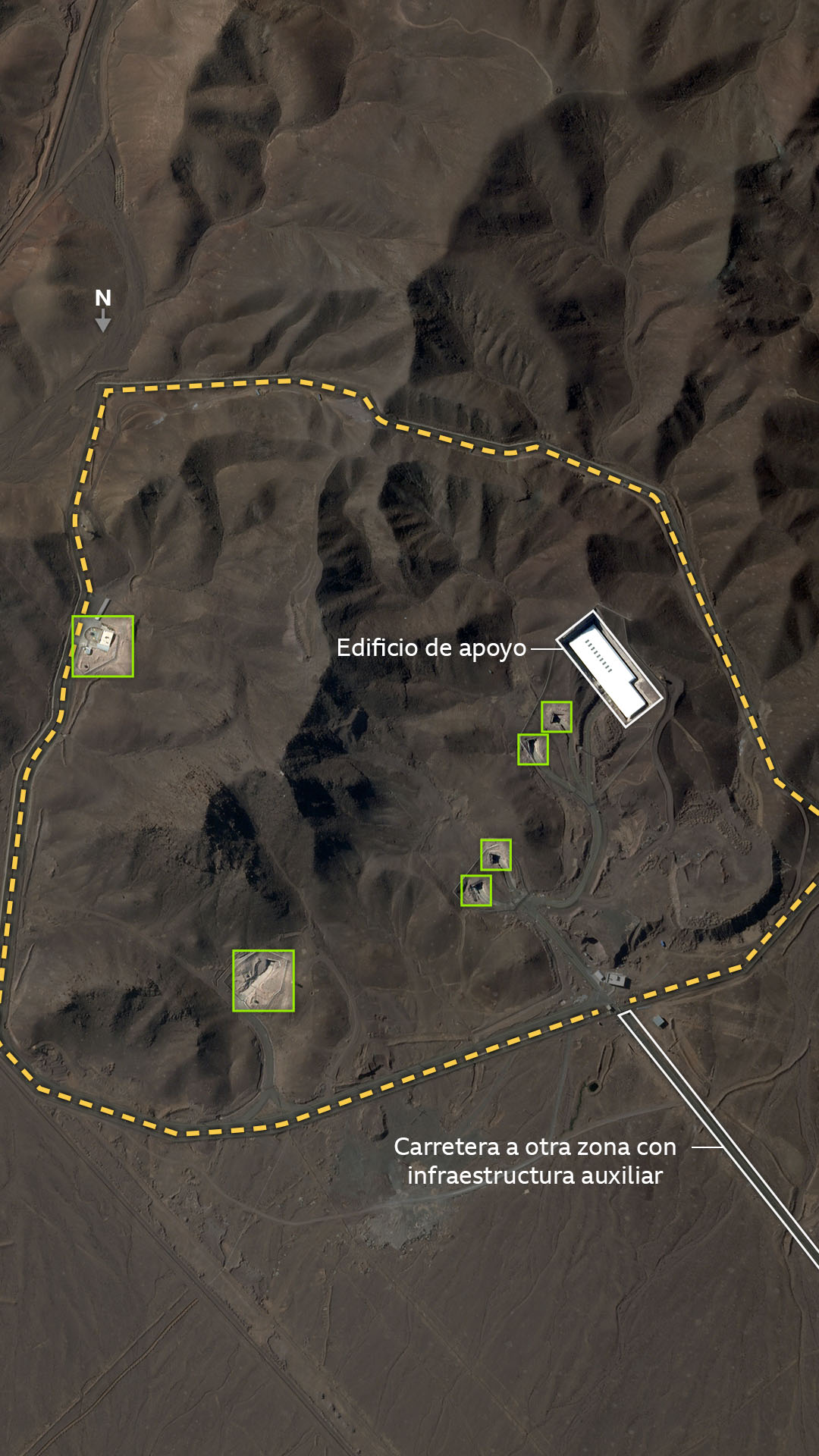 Una imagen satelital del sitio de Fordo, que muestra el edificio de apoyo y la carretera hacia una zona cercana de infraestructura auxiliar.