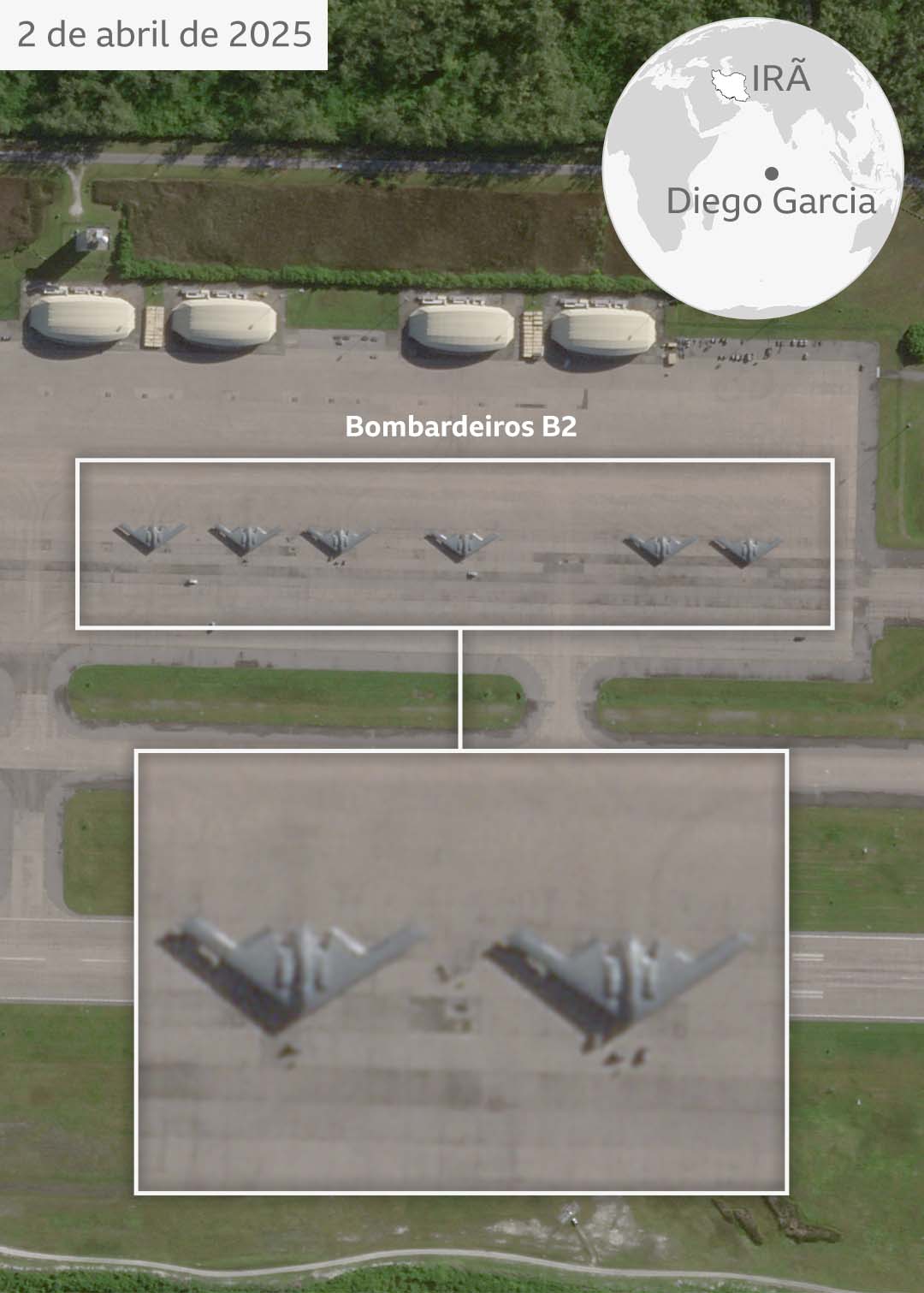 Uma imagem de satélite de 2 de abril de 2025 mostrando seis bombardeiros B-2 na pista da base militar em Diego Garcia