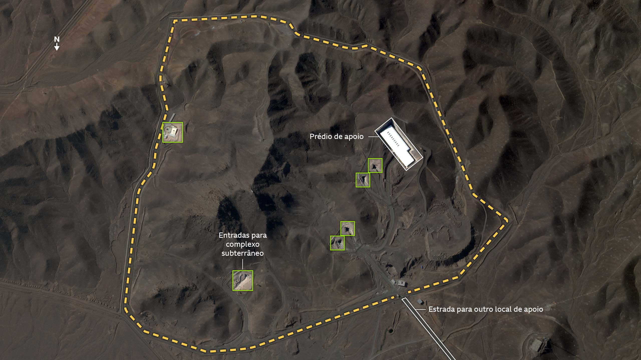 Uma imagem de satélite do local de Fordo, mostrando o edifício de apoio e a estrada para o local de apoio próximo