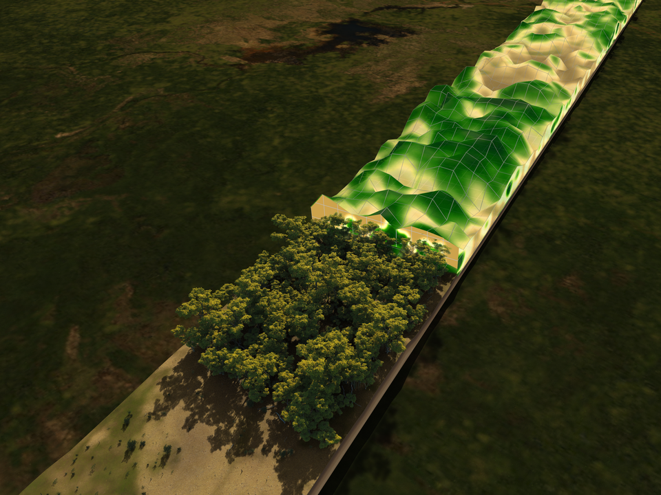 A 3D map shows trees being generated from the colours picked up by the satellite image