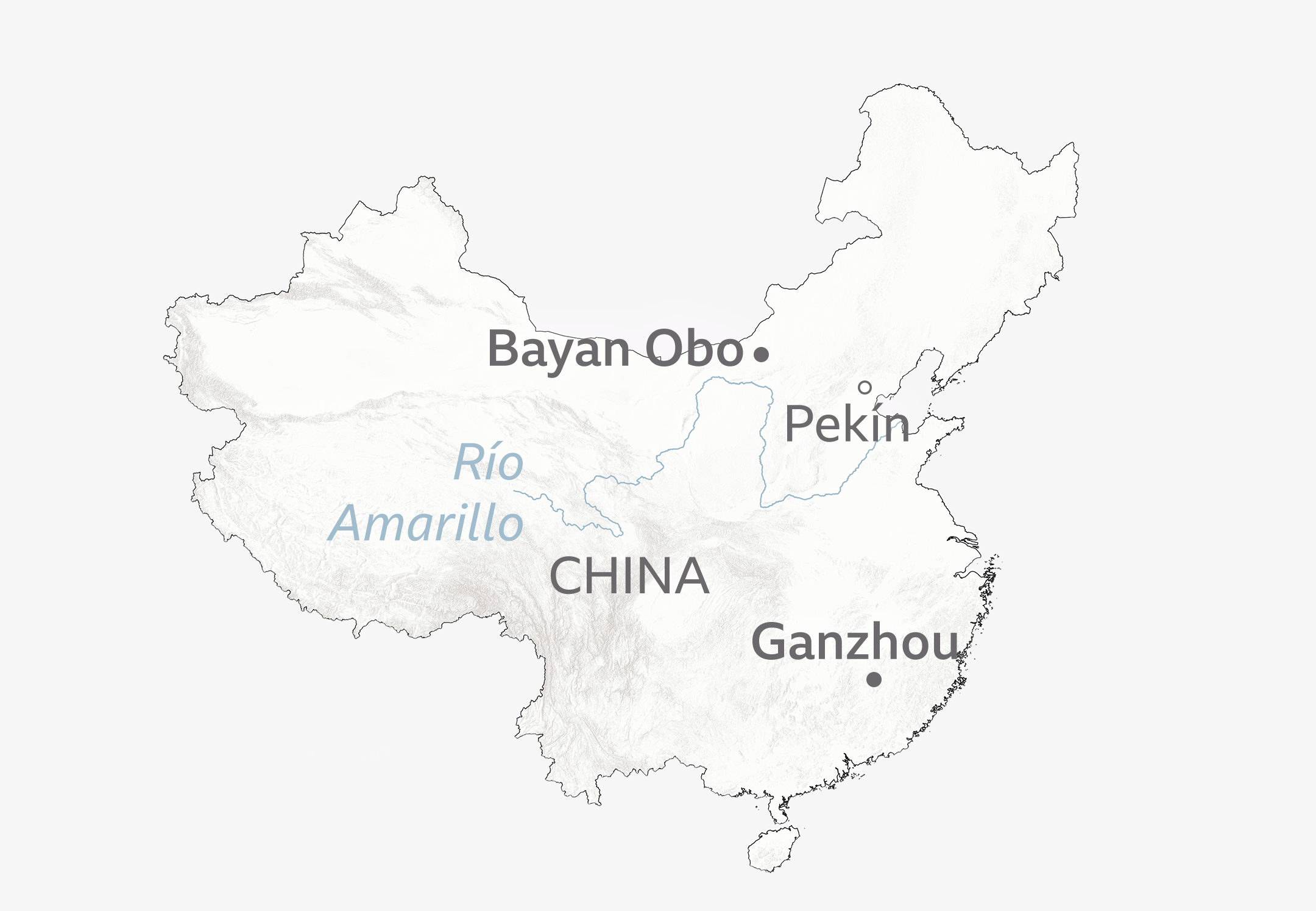 Un mapa de China que muestra la capital, Pekín, el río Amarillo de China y los sitios mineros de Bayan Obo en el norte y Ganzhou en el sur.