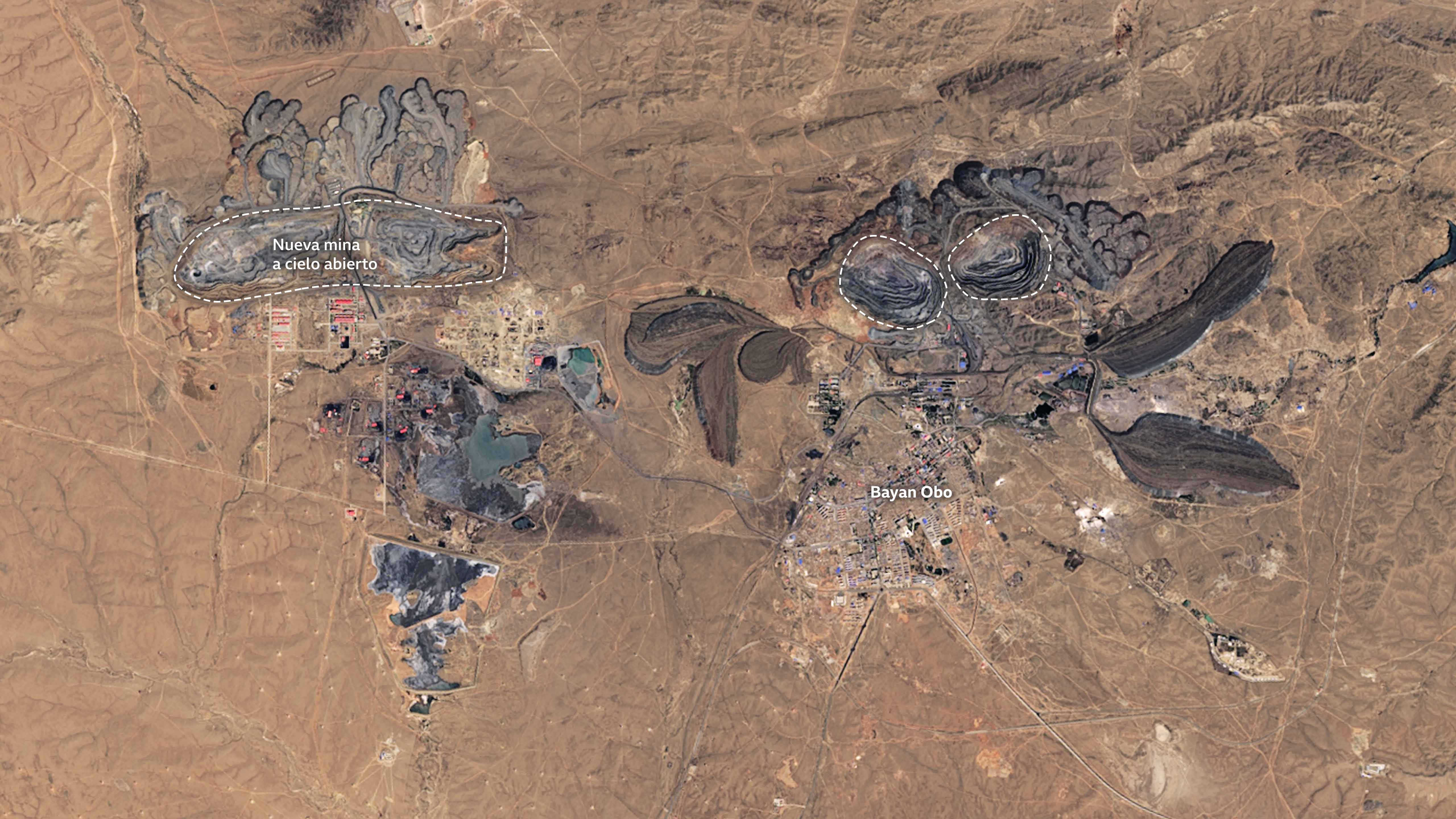 La imagen satelital muestra la expansión de la minería al este de Bayan Obo, con nuevas minas a cielo abierto
