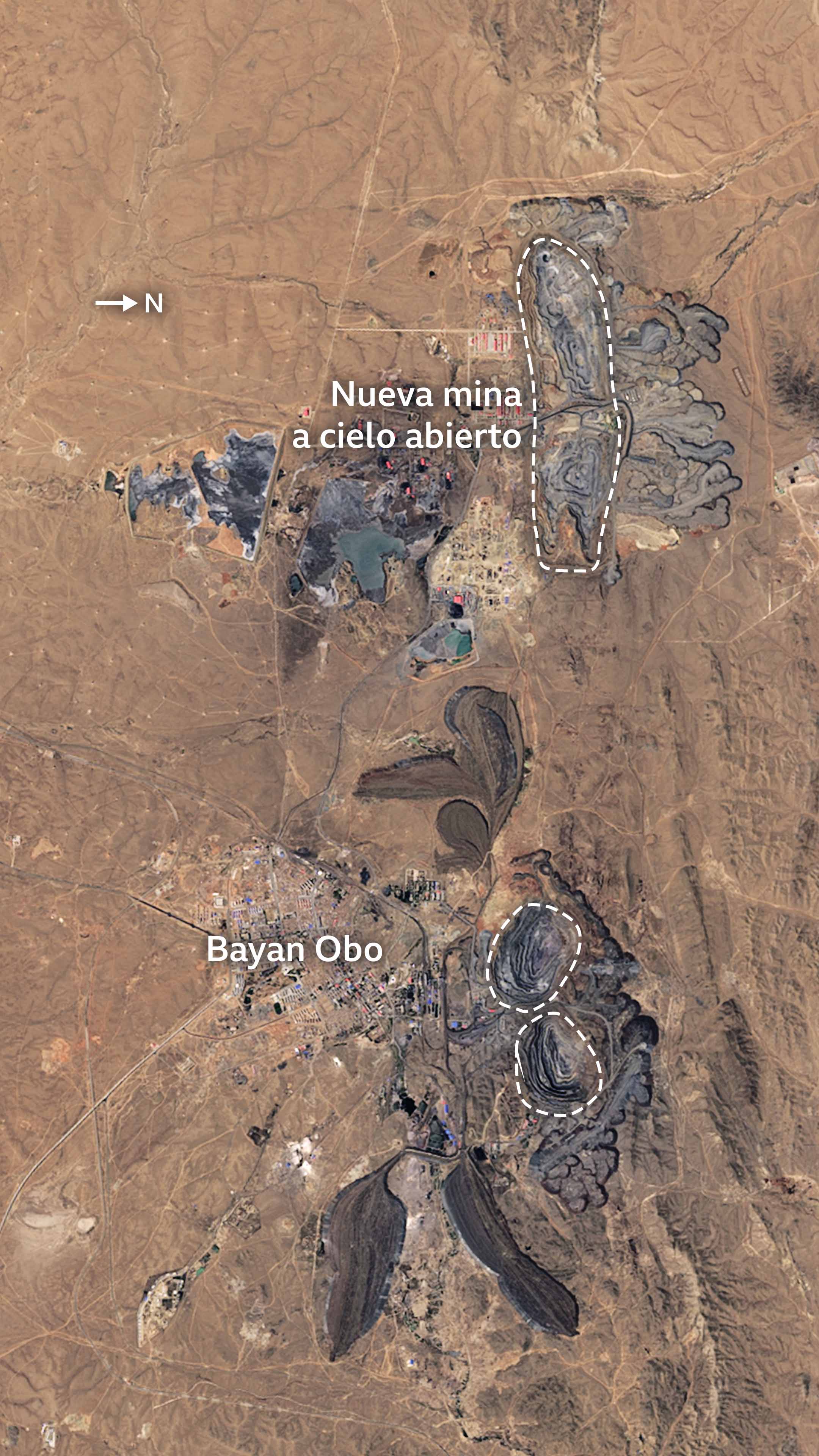 La imagen satelital muestra la expansión de la minería al este de Bayan Obo, con nuevas minas a cielo abierto