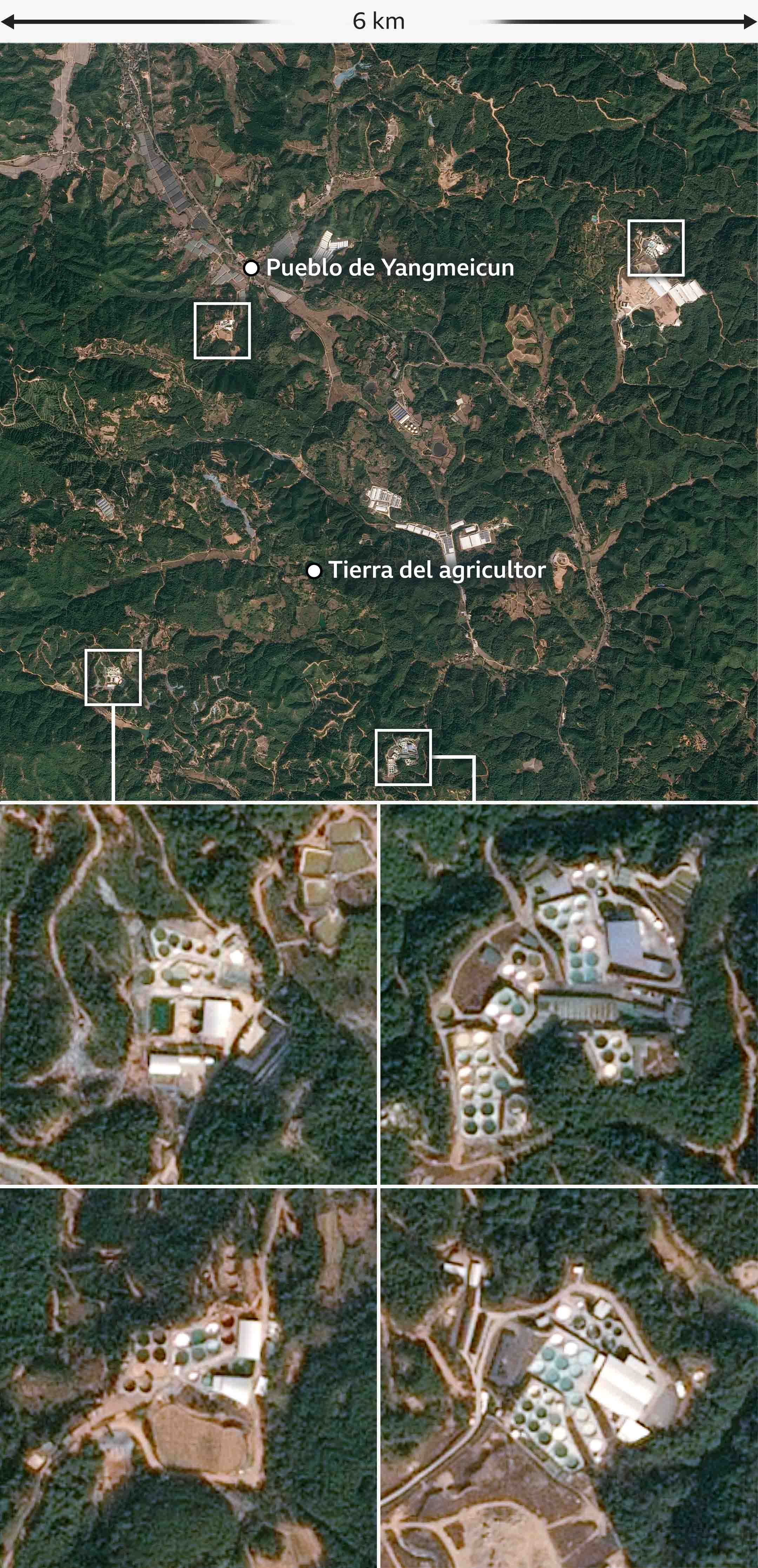 Imágenes satelitales de la zona de Ganzhou muestran despósitos que son utilizados en el proceso minero. Algunos de ellos se resaltan para mostrar cuántos hay alrededor de la aldea y la tierra del agricultor.