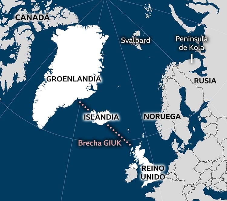 Mapa que muestra Groenlandia y el norte de Europa con una línea de puntos entre Groenlandia, Islandia y el Reino Unido para destacar la brecha GIUK.