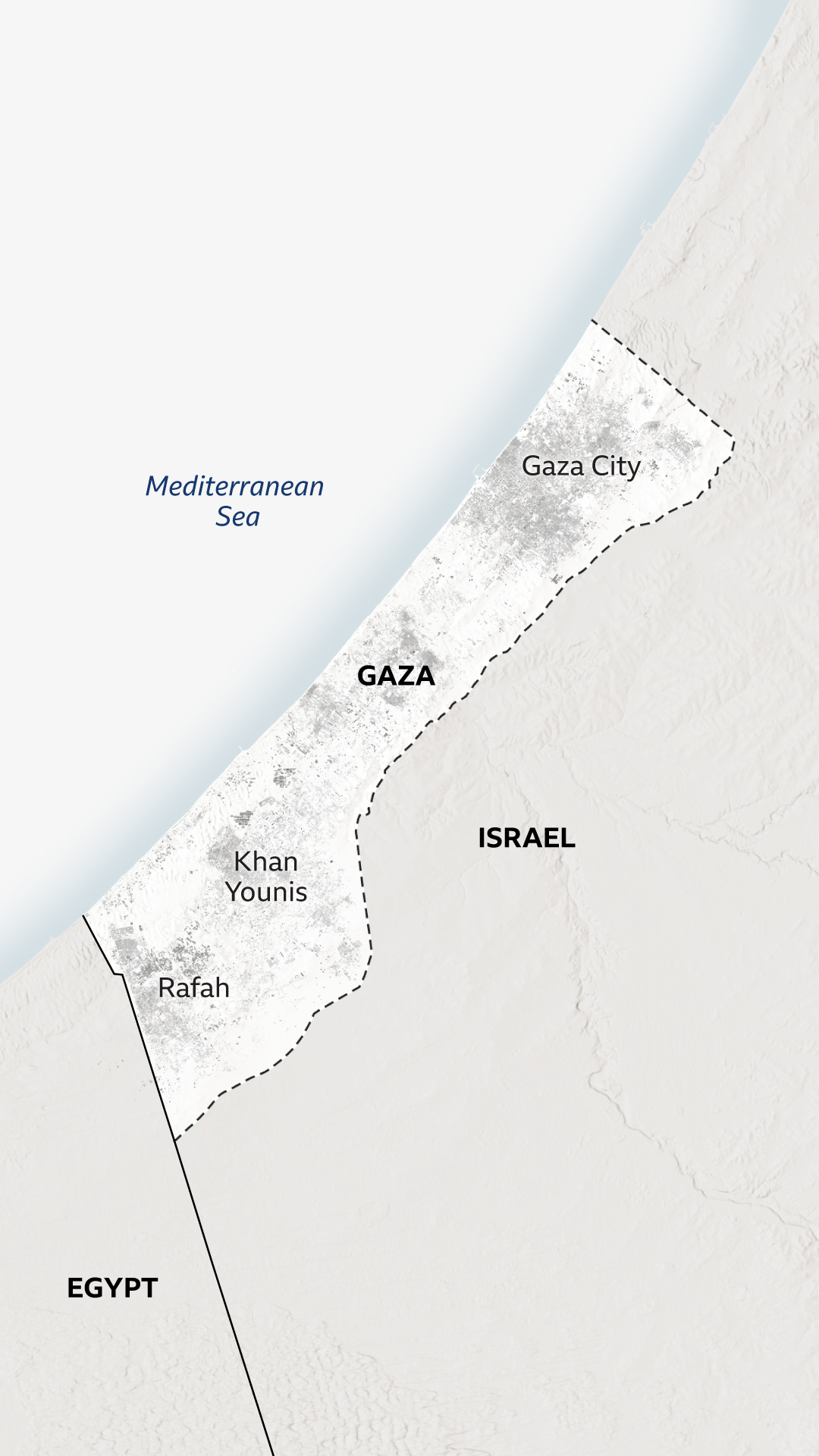 A map of Gaza labelling the major cities of Rafah, Khan Younis and Gaza City.