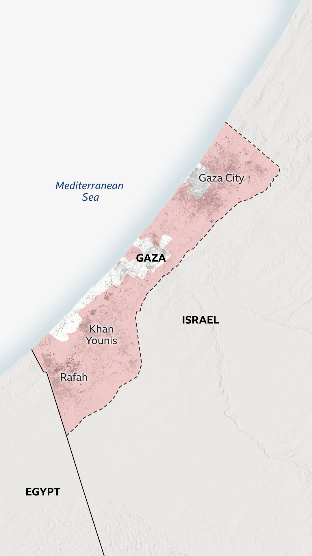 A map of Gaza showing the areas under control of the Israeli military, which shows most of the territory outside of the al-Mawasi humanitarian area is now under Israeli control.
