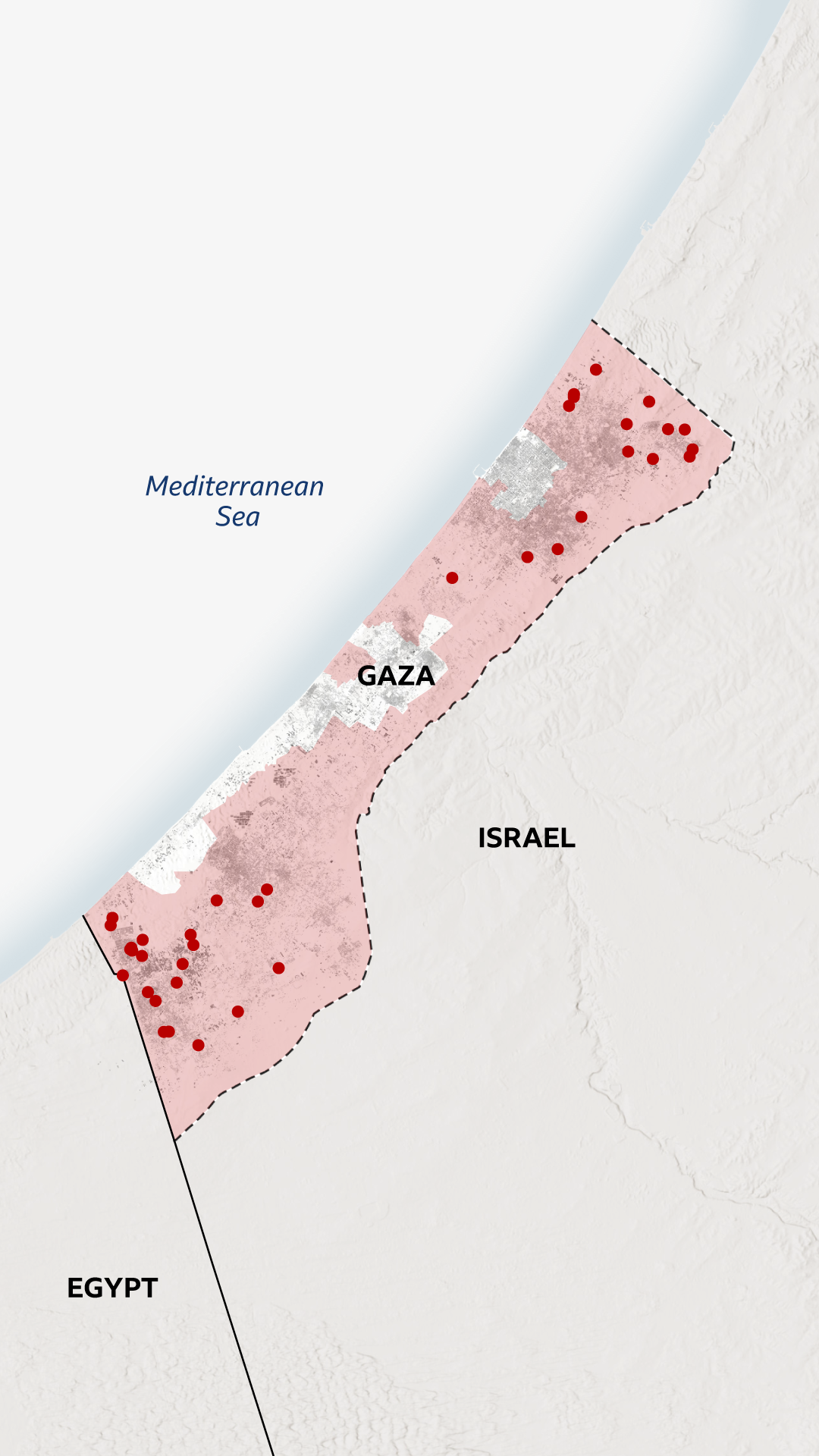 A map of Gaza showing the locations of about 40 verified reports of the destruction of civilian infrastructure by Israeli forces. The dots are largely concentrated in Rafah and to the north of Gaza City.