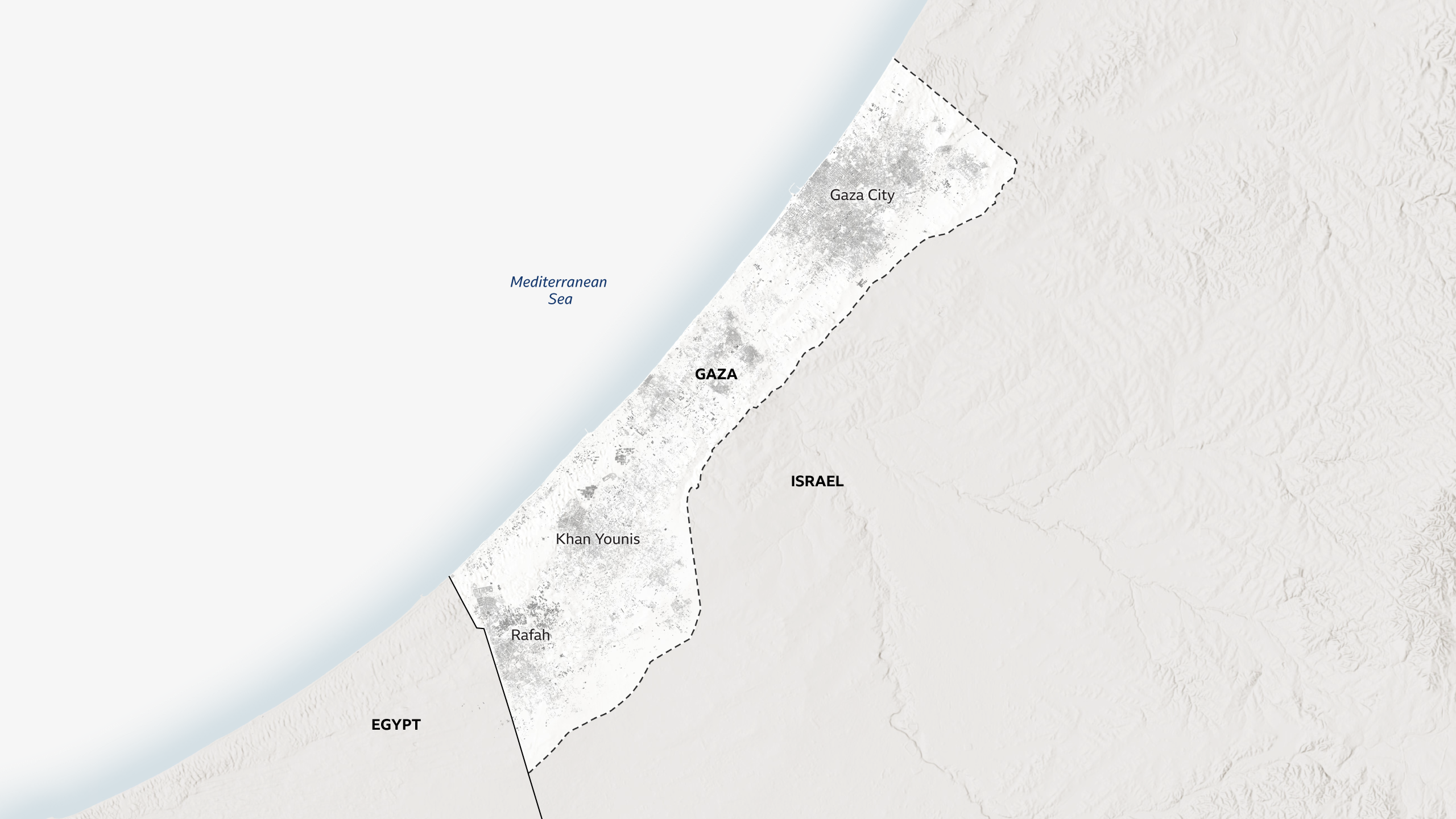 A map of Gaza labelling the major cities of Rafah, Khan Younis and Gaza City.