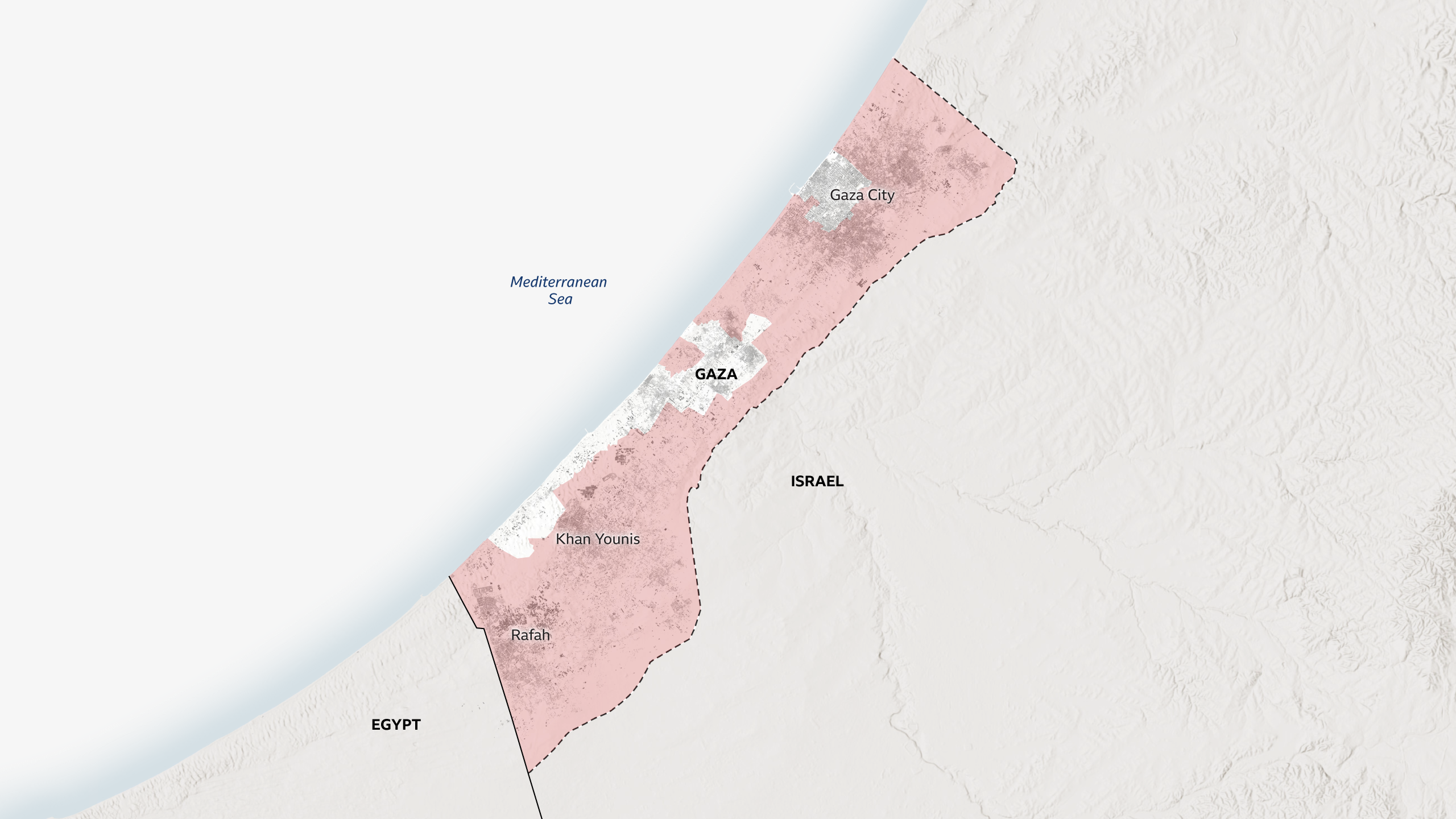 A map of Gaza showing the areas under control of the Israeli military, which shows most of the territory outside of the al-Mawasi humanitarian area is now under Israeli control.