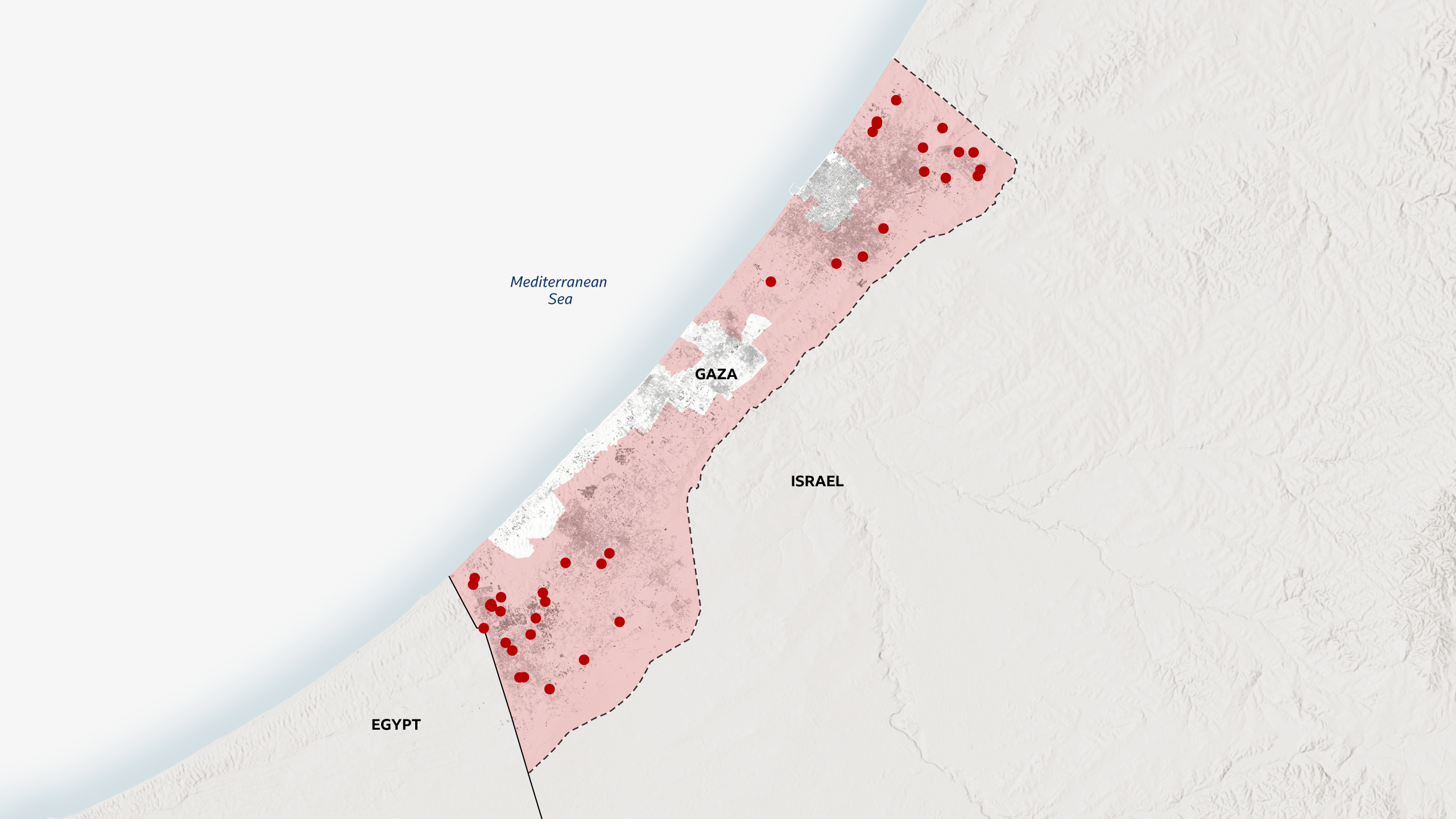 A map of Gaza showing the locations of about 40 verified reports of the destruction of civilian infrastructure by Israeli forces. The dots are largely concentrated in Rafah and to the north of Gaza City.