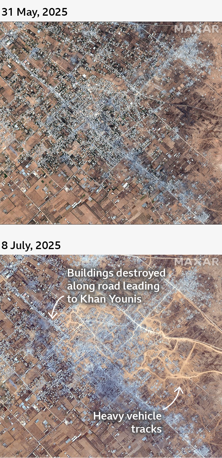 Before and after images of Abasan al-Kabira on 31 May, 2025 and 8 July. 2025. The after image shows extensive building damage as well as new tracks from heavy vehicles.