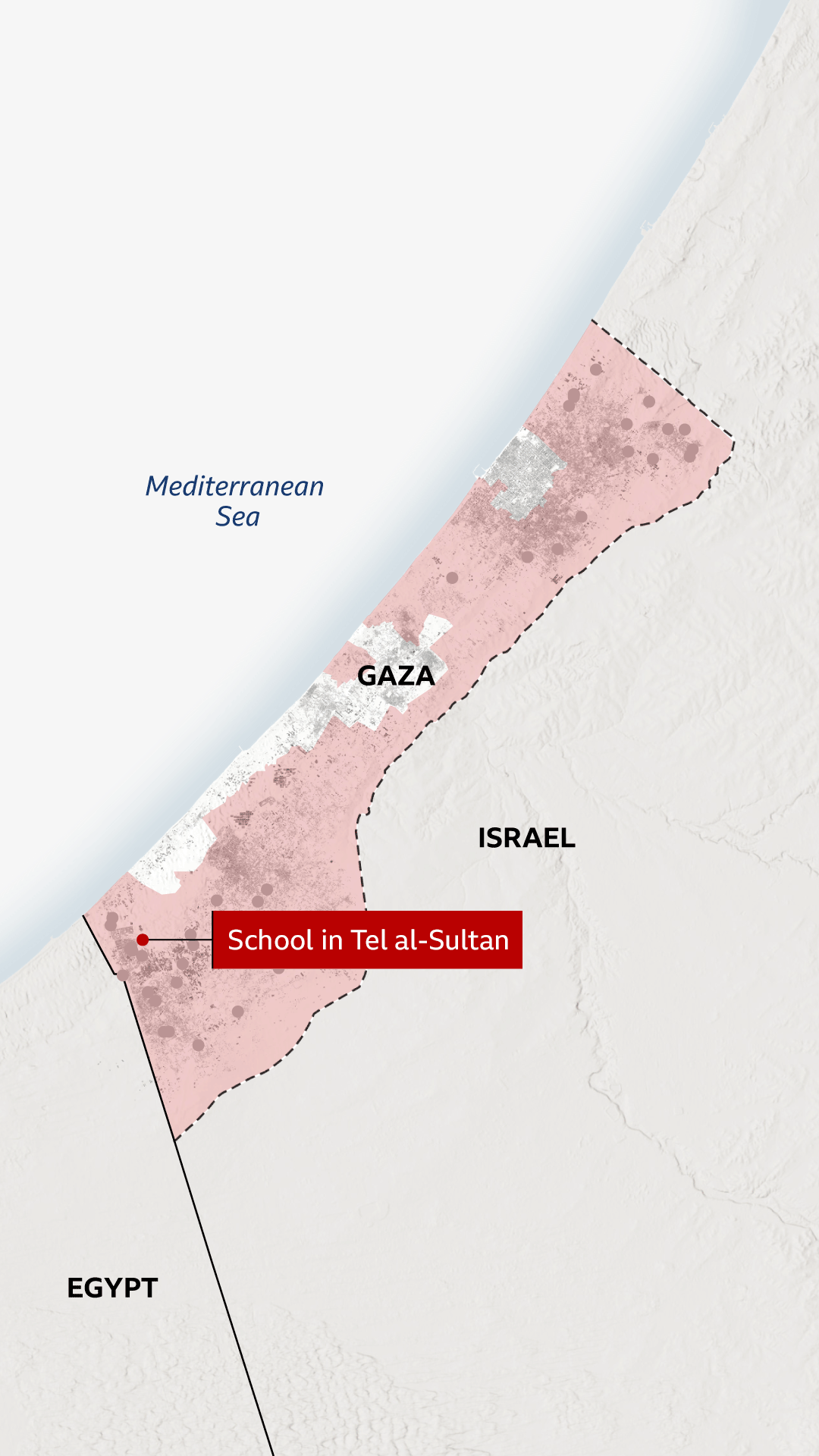 A map of Gaza showing the locations of about 40 verified reports of the destruction of civilian infrastructure by Israeli forces and highlighting a specific dot for video footage of a school in the Rafah suburb of Tel al-Sultan.
