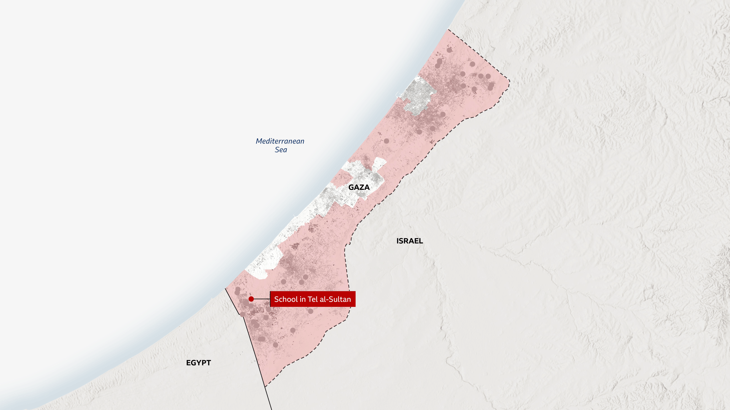 A map of Gaza showing the locations of about 40 verified reports of the destruction of civilian infrastructure by Israeli forces and highlighting a specific dot for video footage of a school in the Rafah suburb of Tel al-Sultan.