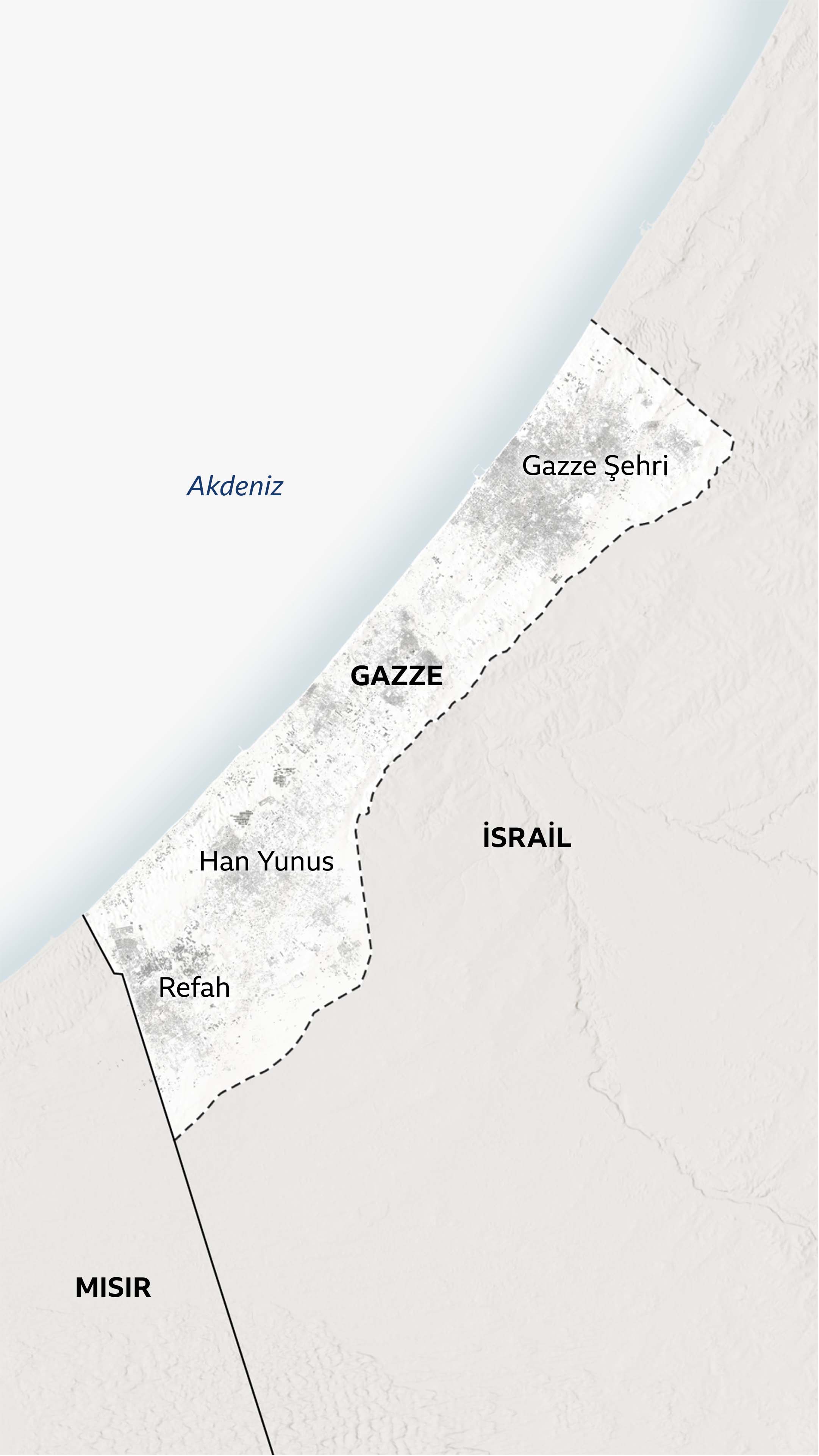 Gazze'deki büyük kentleri gösteren bir harita