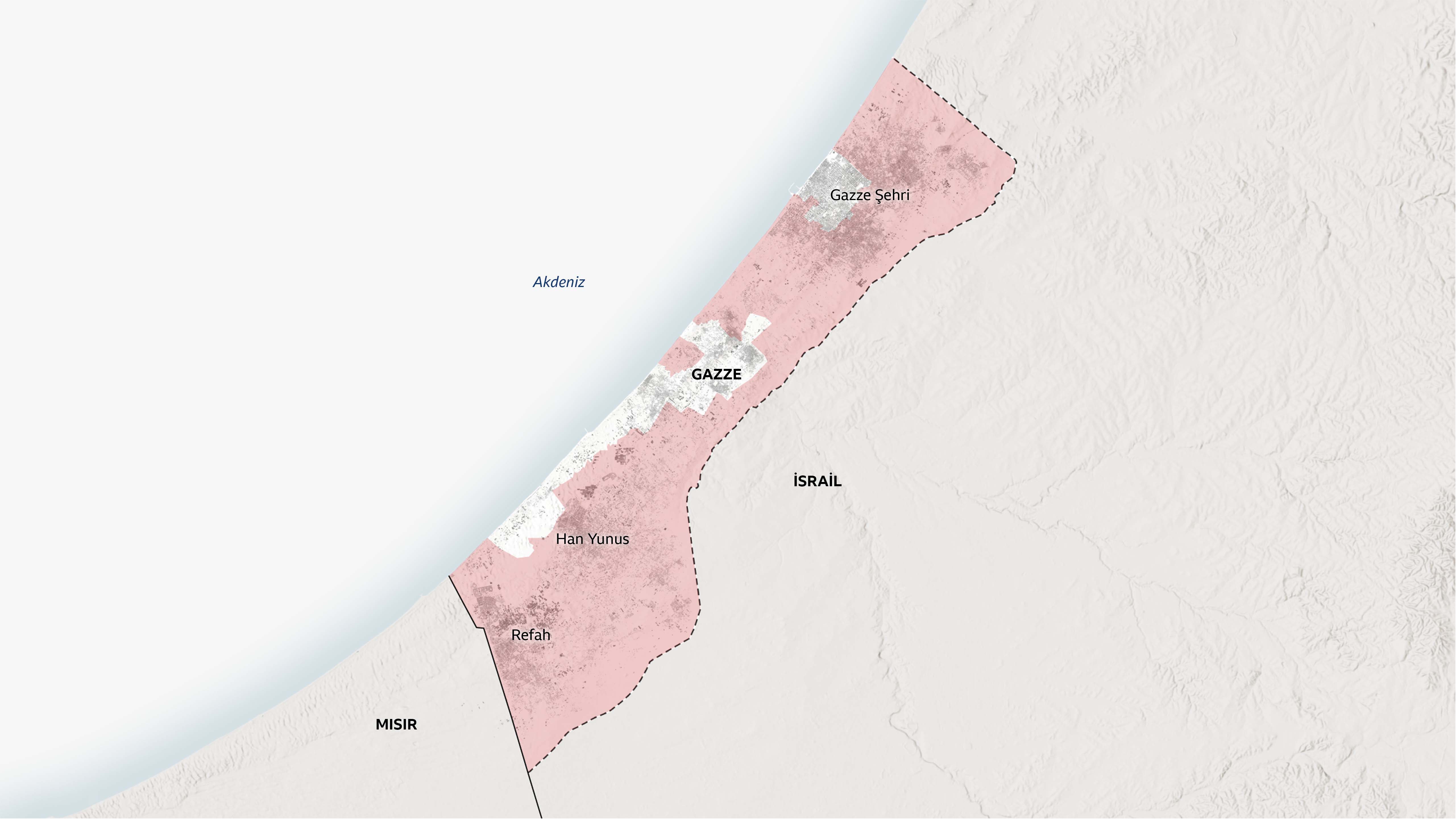 Gazze'de İsrail ordusu tarafından kontrol edilen yerleri gösteren bir harita. El Mavasi'deki insani bölge dışında kalan alanların çoğunun İsrail kontrolünde olduğu görülüyor.