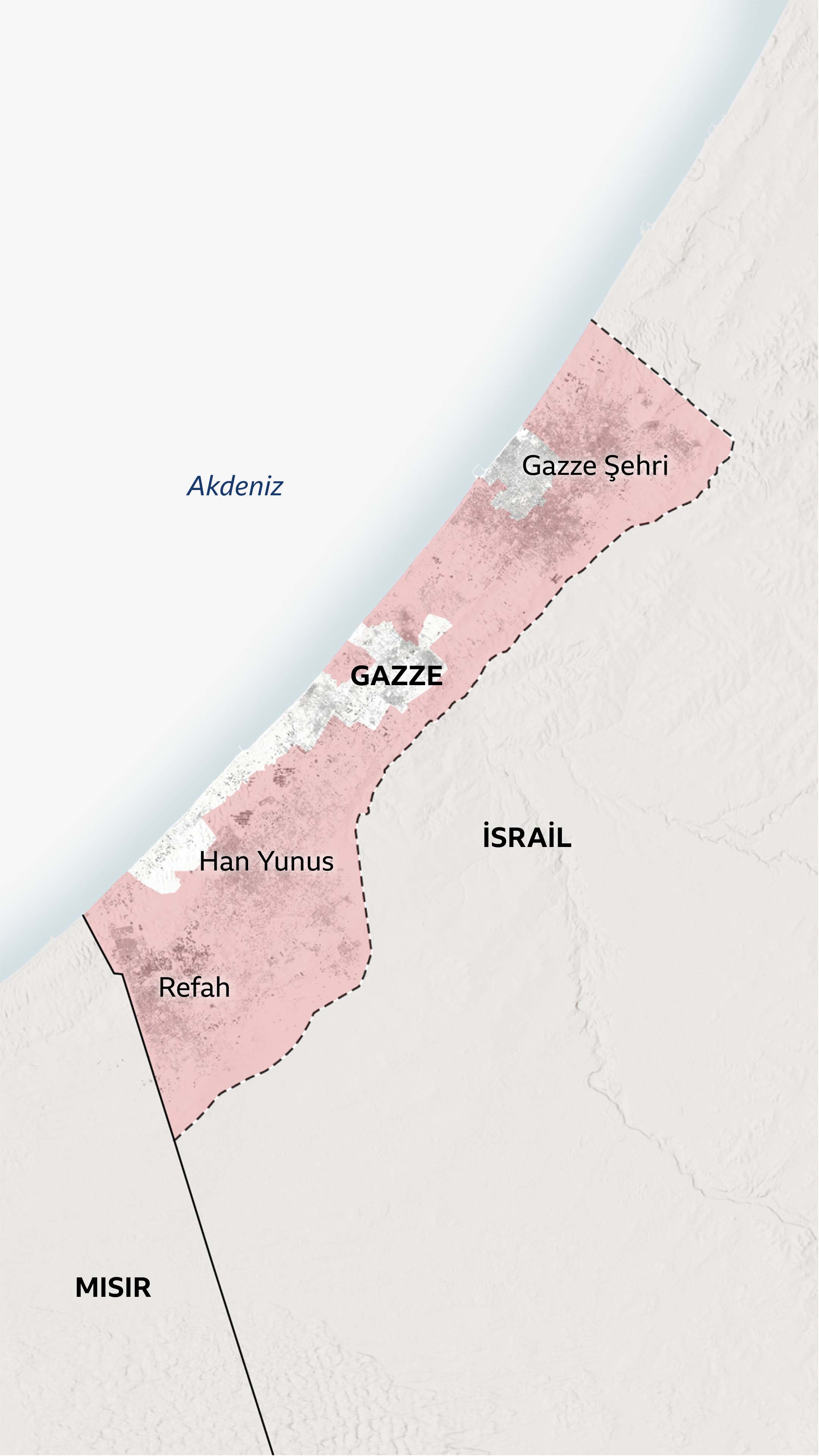 Gazze'de İsrail ordusu tarafından kontrol edilen yerleri gösteren bir harita. El Mavasi'deki insani bölge dışında kalan alanların çoğunun İsrail kontrolünde olduğu görülüyor.