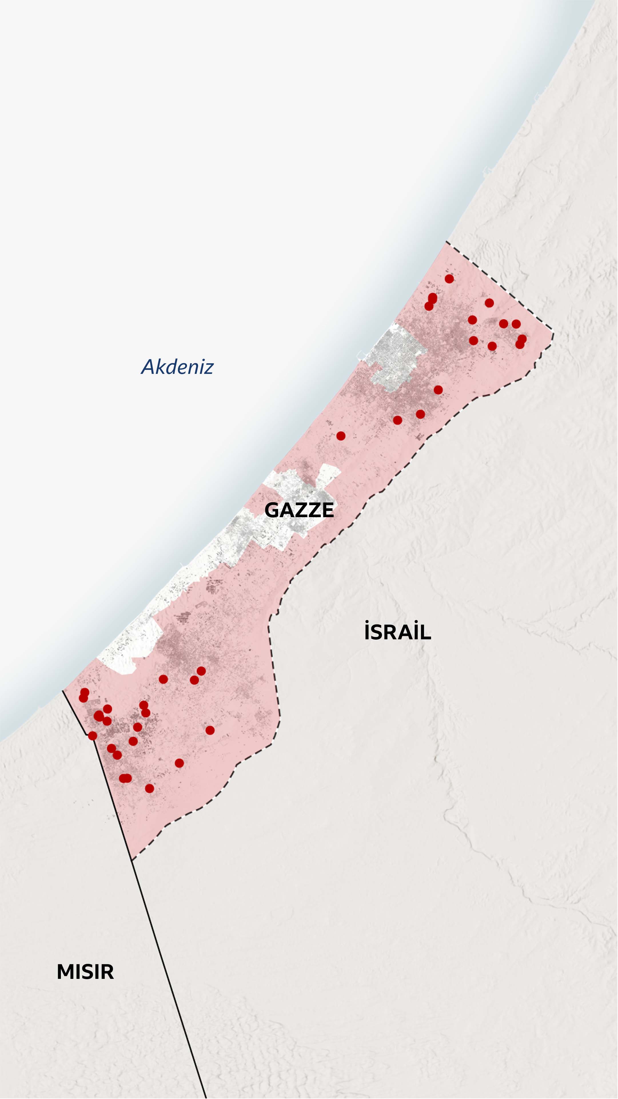 İsrail güçlerinin sivil altyapıyı hedef aldığı ve doğrulanmış yaklaşık 40 noktayı gösteren bir harita. Noktalar çoğunlukla Refah ve kuzeyde Gazze Şehri etrafında yoğunlaşmış.