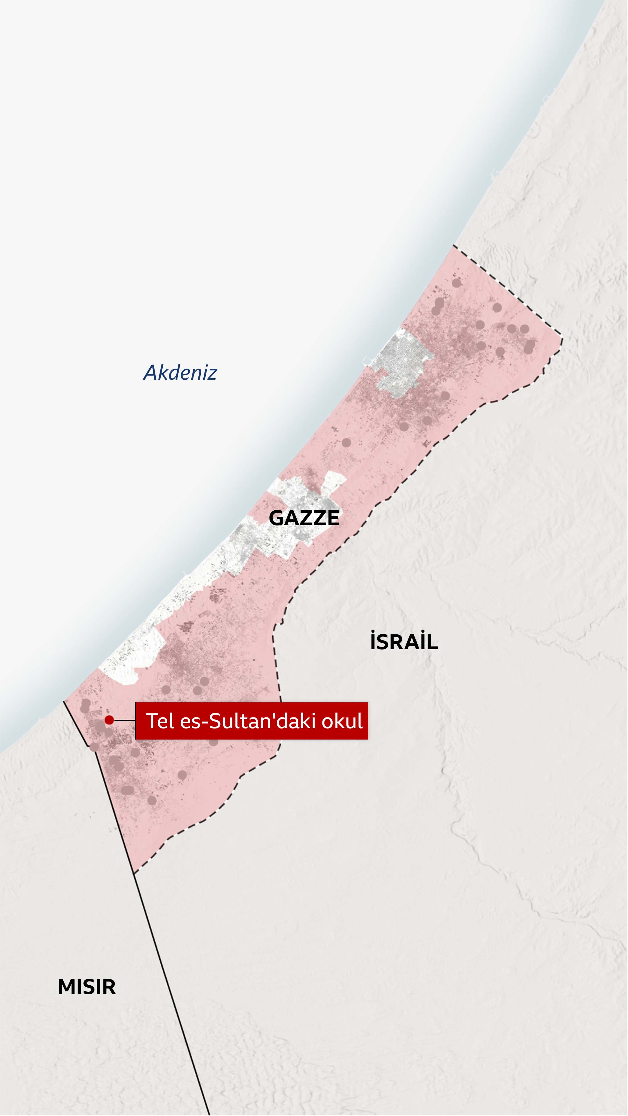 İsrail güçlerinin sorumlu olduğu 40 civarı doğrulanmış yıkım konumunu gösteren bir Gazze haritasında, Refah'ın kenar mahallelerinden Tel es-Sultan'daki bir okul yıkımı videosunu gösteren bir nokta özel olarak işaretlenmiş