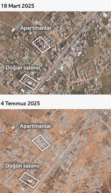 Kizan ebu Raşvan'ın 18 Mart 2025 ve 4 Temmuz 2024 tarihlerindeki fotoğrafları. Fotoğraflar bölgedeki bir ana yola odaklanıyor; binaların büyük kısmı yok edilmiş. Apartmanlar ve bir düğün salonu işaretlenmiş.