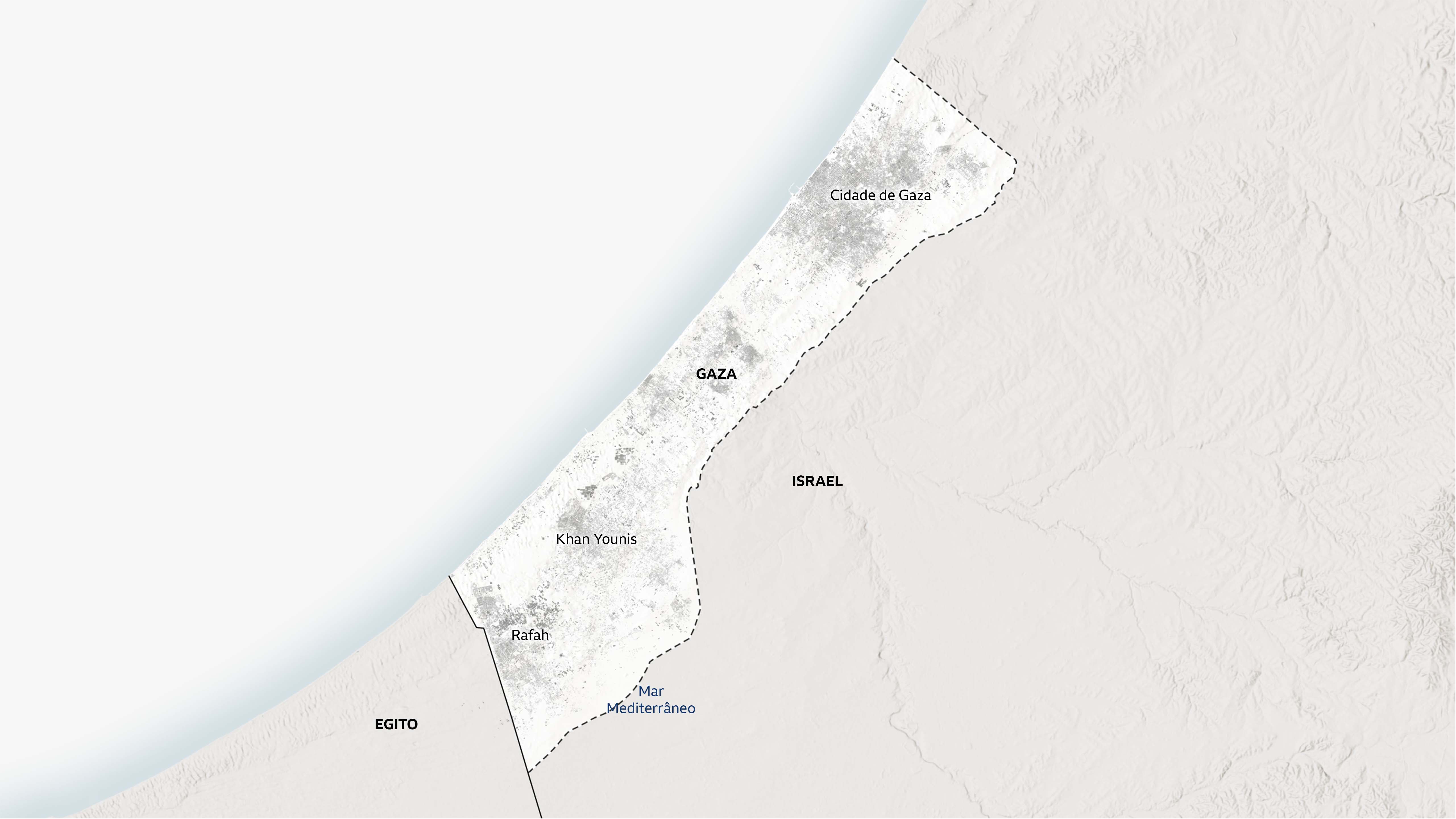 Um mapa de Gaza identificando as principais cidades: Rafah, Khan Younis e Cidade de Gaza.