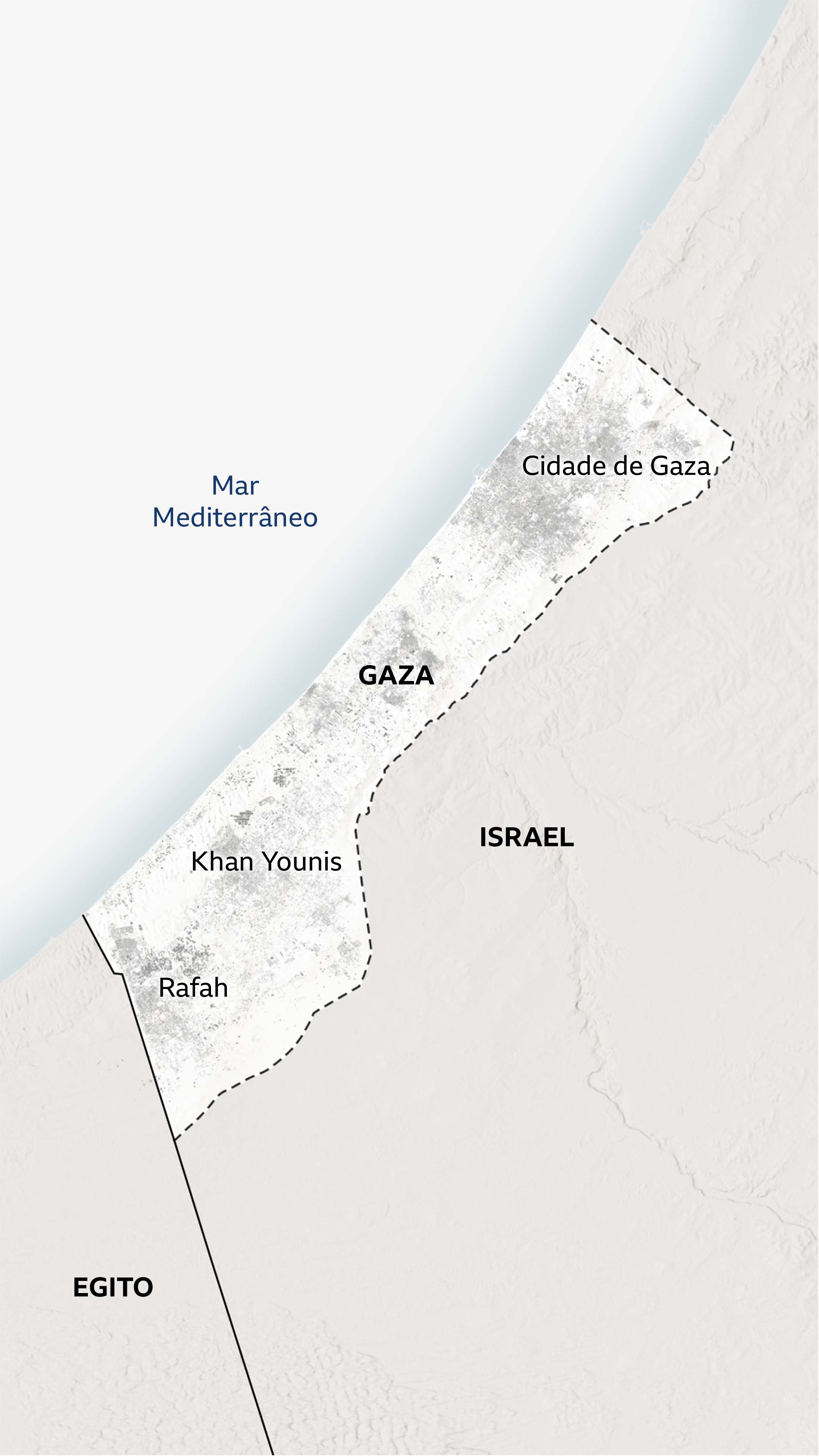 Um mapa de Gaza identificando as principais cidades: Rafah, Khan Younis e Cidade de Gaza.