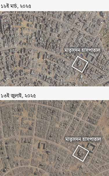 তেল আল-সুলতানের আগের এবং পরের ছবি। আগেরটি ১০ মে ২০২৫ এবং পরেরটি ৪ জুলাই ২০২৫ তারিখে। পরবর্তী ছবির বেশিরভাগ ভবন ধ্বংস হয়ে গেছে; তবে, একটি প্রসূতি হাসপাতাল এখনও অক্ষত রয়েছে