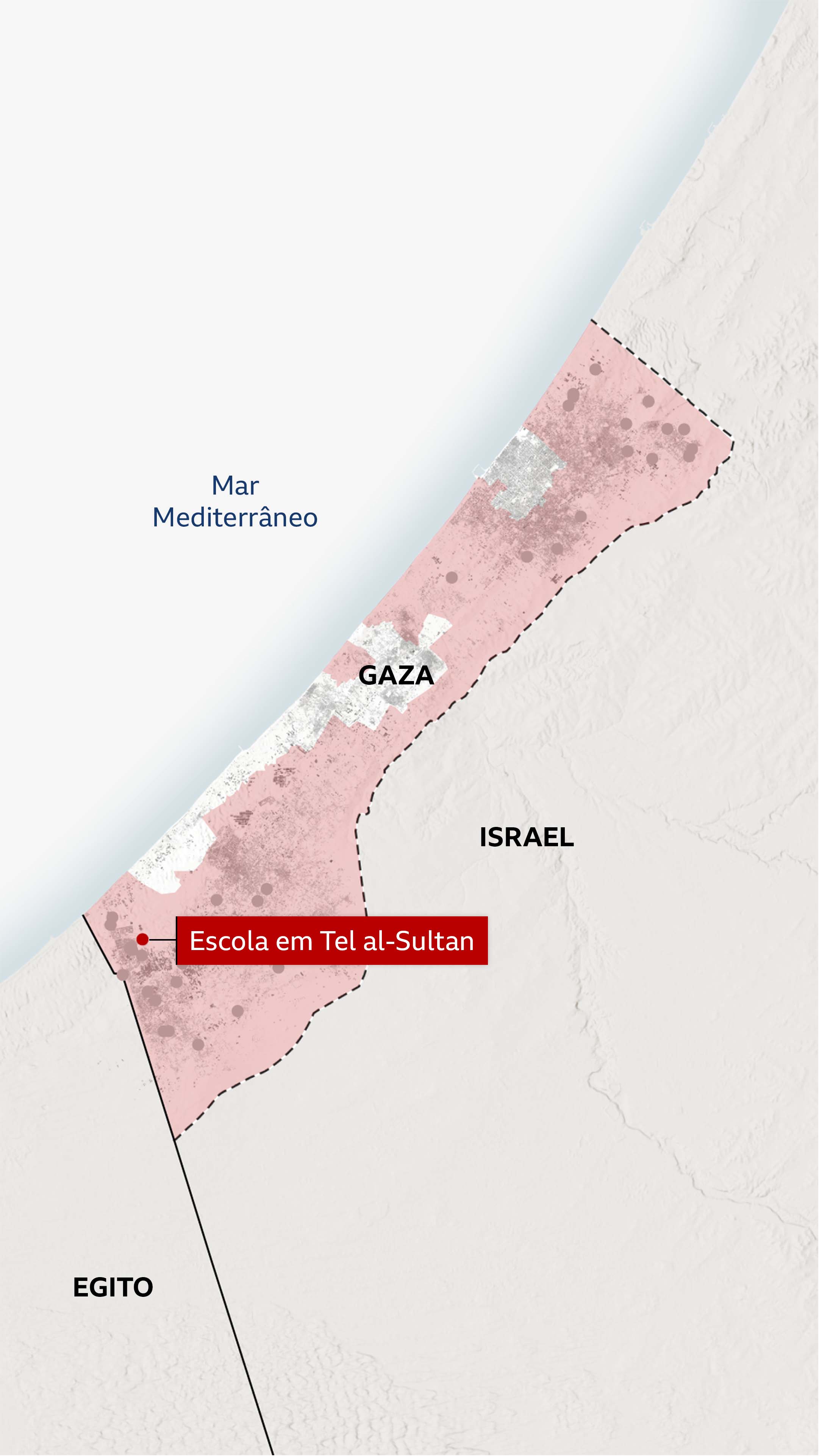 Um mapa de Gaza mostrando os locais de cerca de 40 relatos verificados de destruição de infraestrutura civil por forças israelenses — e destacando um ponto específico relativo a imagens de vídeo de uma escola no subúrbio de Rafah, em Tel al-Sultan.