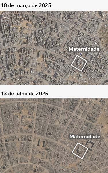 Imagem de antes e depois de Tel as-Sultan em 10 de maio de 2025 e 4 de julho de 2025. A maioria dos edifícios na imagem posterior foi destruída; a maternidade, no entanto, continua de pé