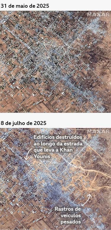 Imagens de antes e depois de Abasan al-Kabira em 31 de maio de 2025 e 8 de julho de 2025. A imagem posterior mostra grandes danos a edifícios, assim como novos rastros de veículos pesados.