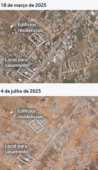 Imagem de antes e depois de Qizan Abu Rashwan em 18 de março de 2025 e 4 de julho de 2025. As imagens focam em uma estrada principal da região; a maioria das estruturas está destruída. Prédios residenciais e um local para casamentos estão em destaque.