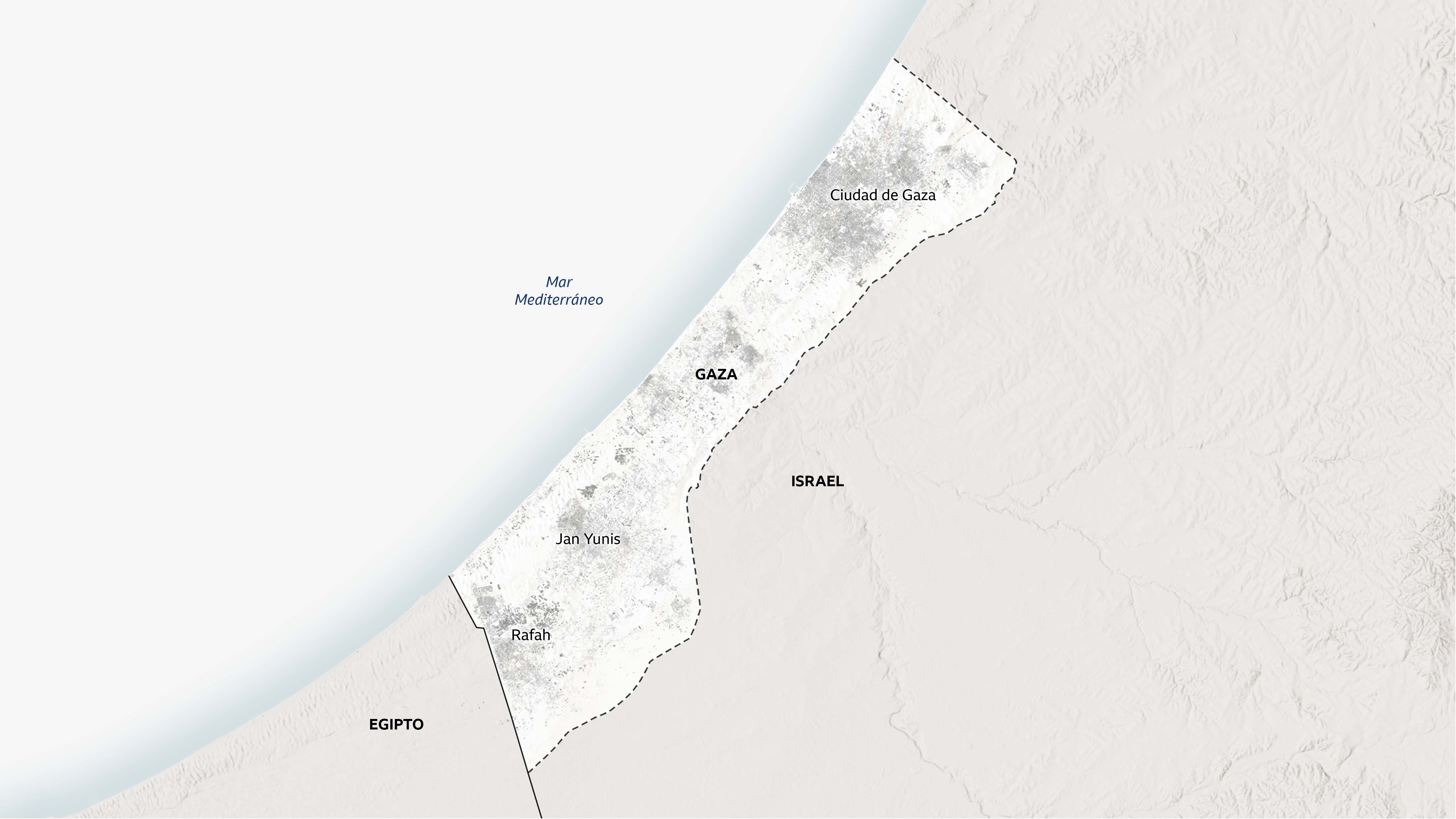 Mapa de Gaza con las principales ciudades: Rafah, Jan Yunis y la ciudad de Gaza.