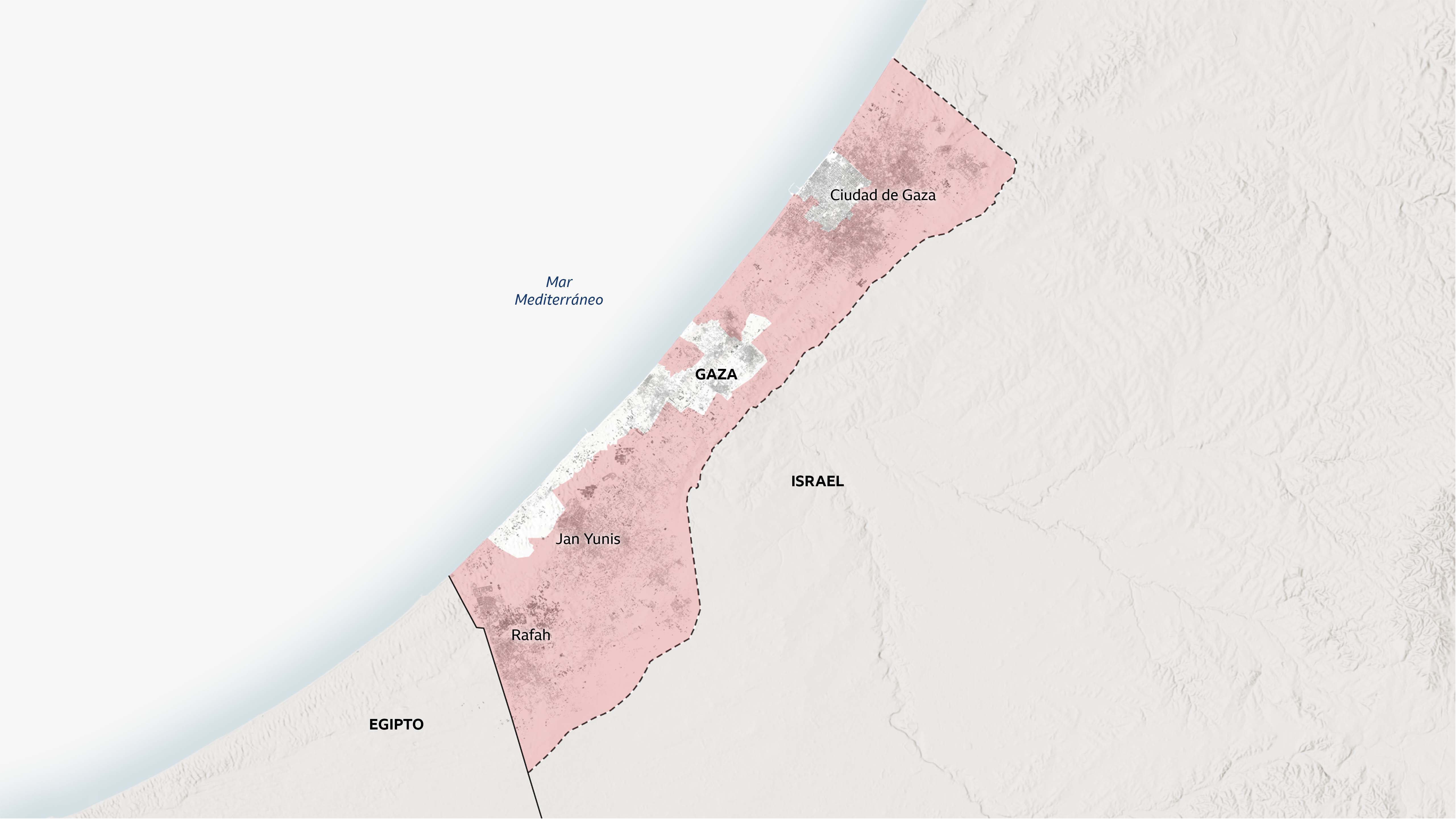 Mapa de Gaza que muestra las zonas bajo control del ejército israelí, en el que se observa que la mayor parte del territorio fuera del área humanitaria de al-Mawasi está ahora bajo control israelí.