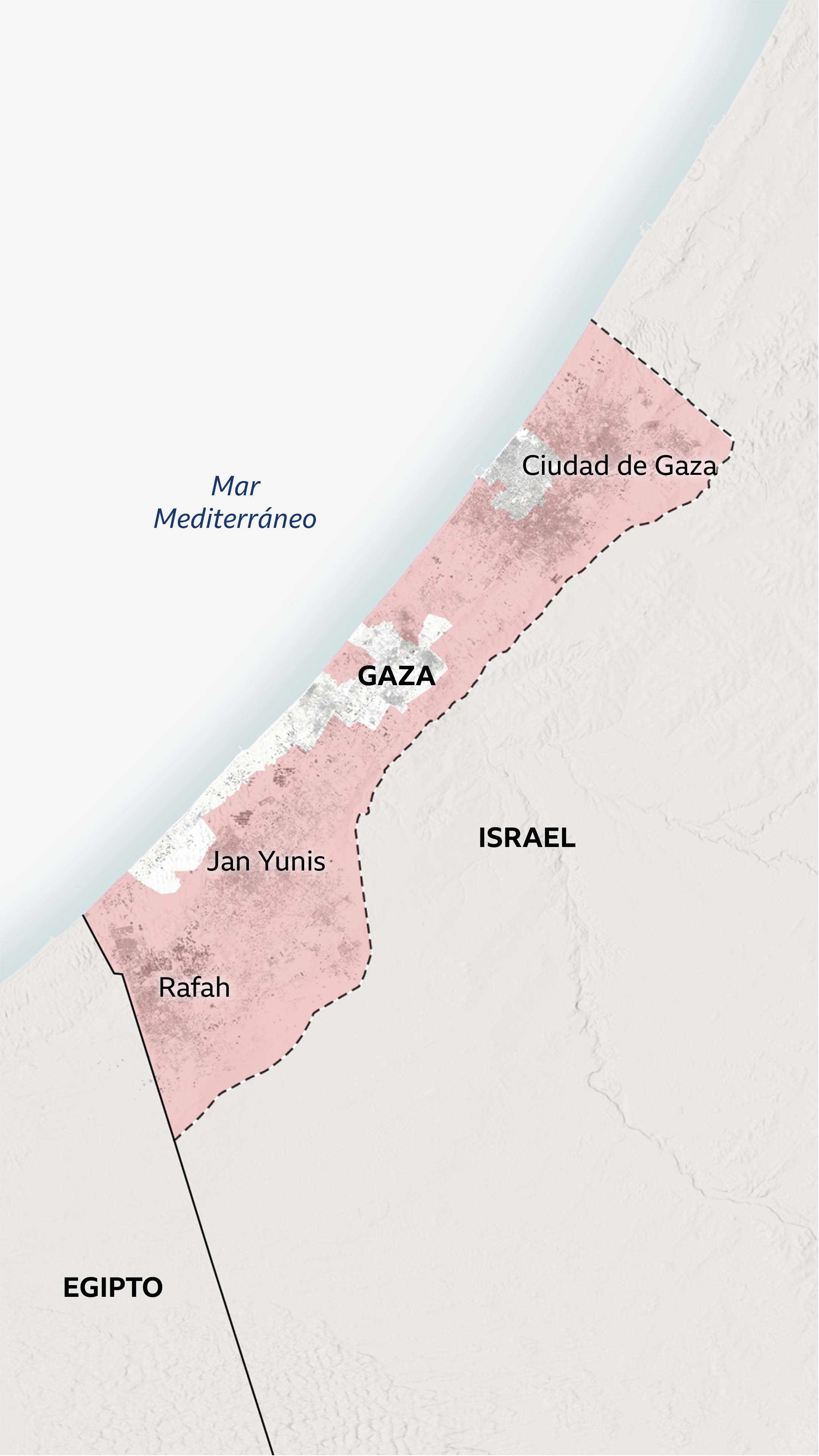 Mapa de Gaza que muestra las zonas bajo control del ejército israelí, en el que se observa que la mayor parte del territorio fuera del área humanitaria de al-Mawasi está ahora bajo control israelí.