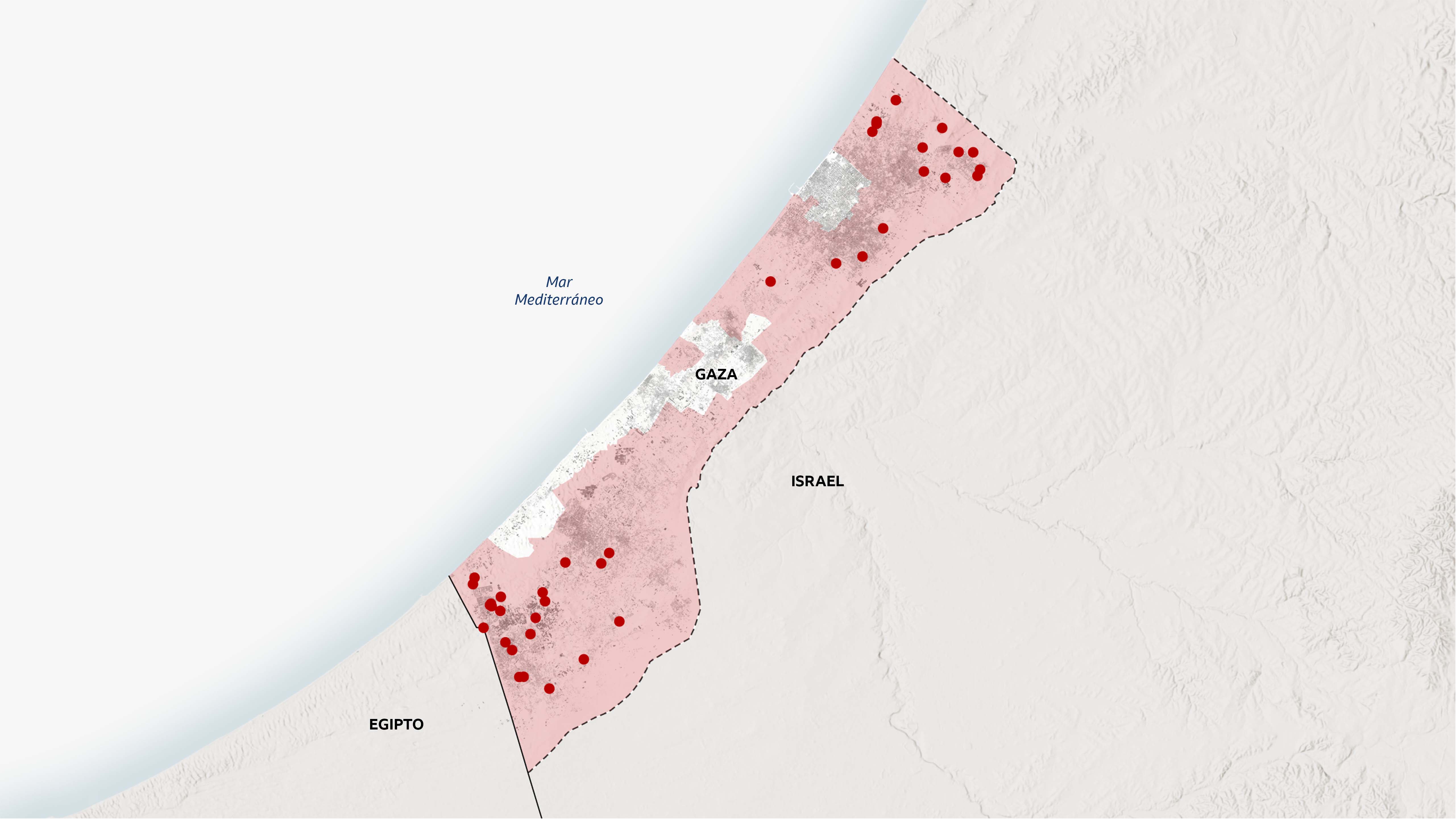 Mapa de Gaza que muestra la ubicación de unos 40 informes verificados sobre la destrucción de infraestructura civil por parte de las fuerzas israelíes. Los puntos están mayormente concentrados en Rafah y al norte de la ciudad de Gaza.