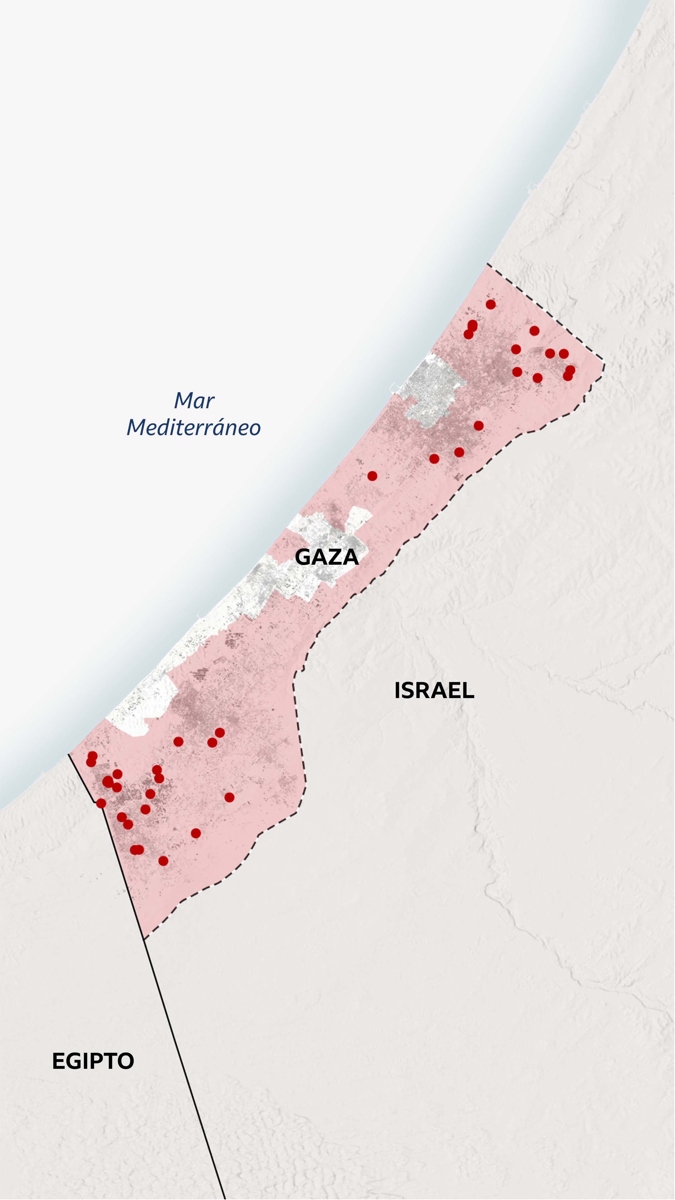 Mapa de Gaza que muestra la ubicación de unos 40 informes verificados sobre la destrucción de infraestructura civil por parte de las fuerzas israelíes. Los puntos están mayormente concentrados en Rafah y al norte de la ciudad de Gaza.