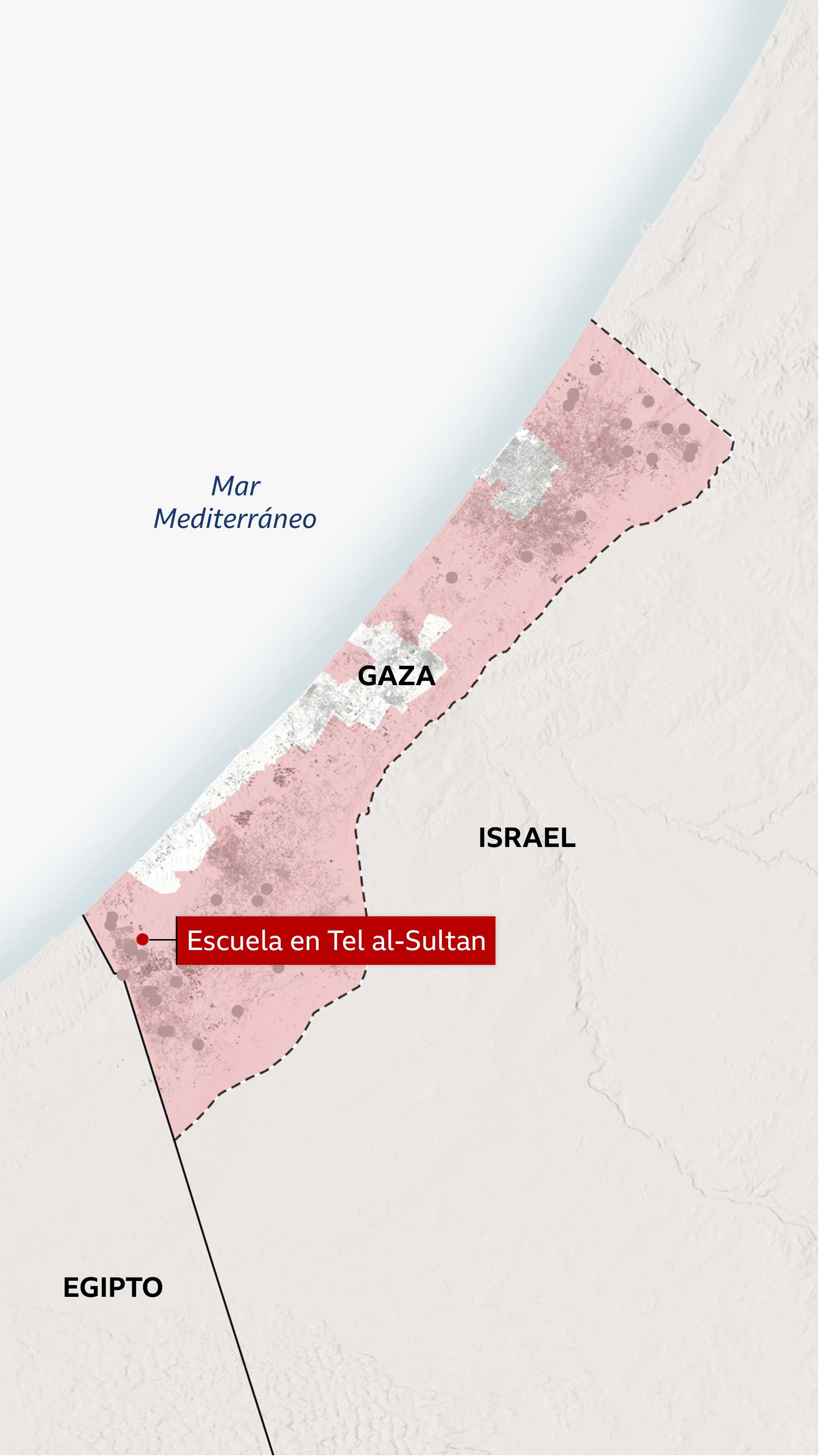 Mapa de Gaza en el que se muestran las ubicaciones de lugares verificados en alrededor de 40 informes sobre la destrucción de infraestructuras civiles por parte de las fuerzas israelíes y en el que se destaca un punto específico para las imágenes de video de una escuela en el suburbio de Tel al-Sultan, en Rafah.