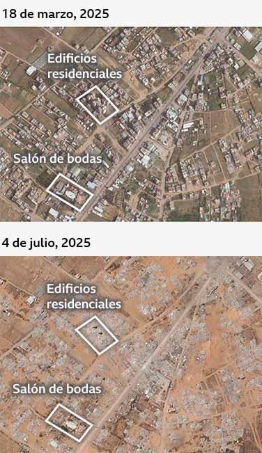 Imagen del antes y el después de Qizan Abu Rashwan el 18 de marzo de 2025 y el 4 de julio de 2025. Las imágenes se centran en una carretera principal de la región; la mayoría de las estructuras están destruidas. Se destacan bloques de torres residenciales y un local de celebración de bodas.