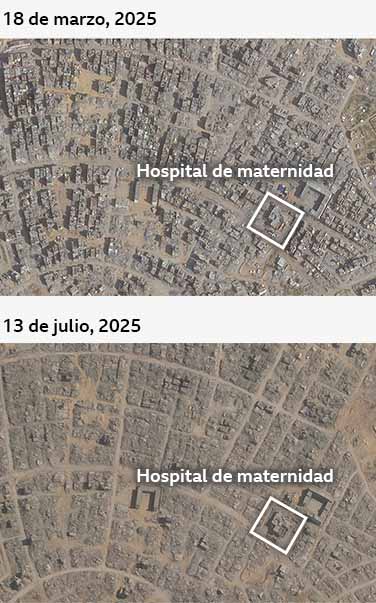 Imagen del antes y el después de Tel as-Sultan el 10 de mayo de 2025 y el 4 de julio de 2025. La mayoría de los edificios de la imagen del después están destruidos, sin embargo, un hospital de maternidad sigue en pie.
