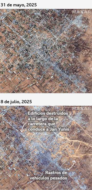 Imágenes del antes y el después de Abasan al-Kabira el 31 de mayo de 2025 y el 8 de julio. 2025. La imagen del después muestra grandes daños en edificios, así como nuevas huellas de vehículos pesados.