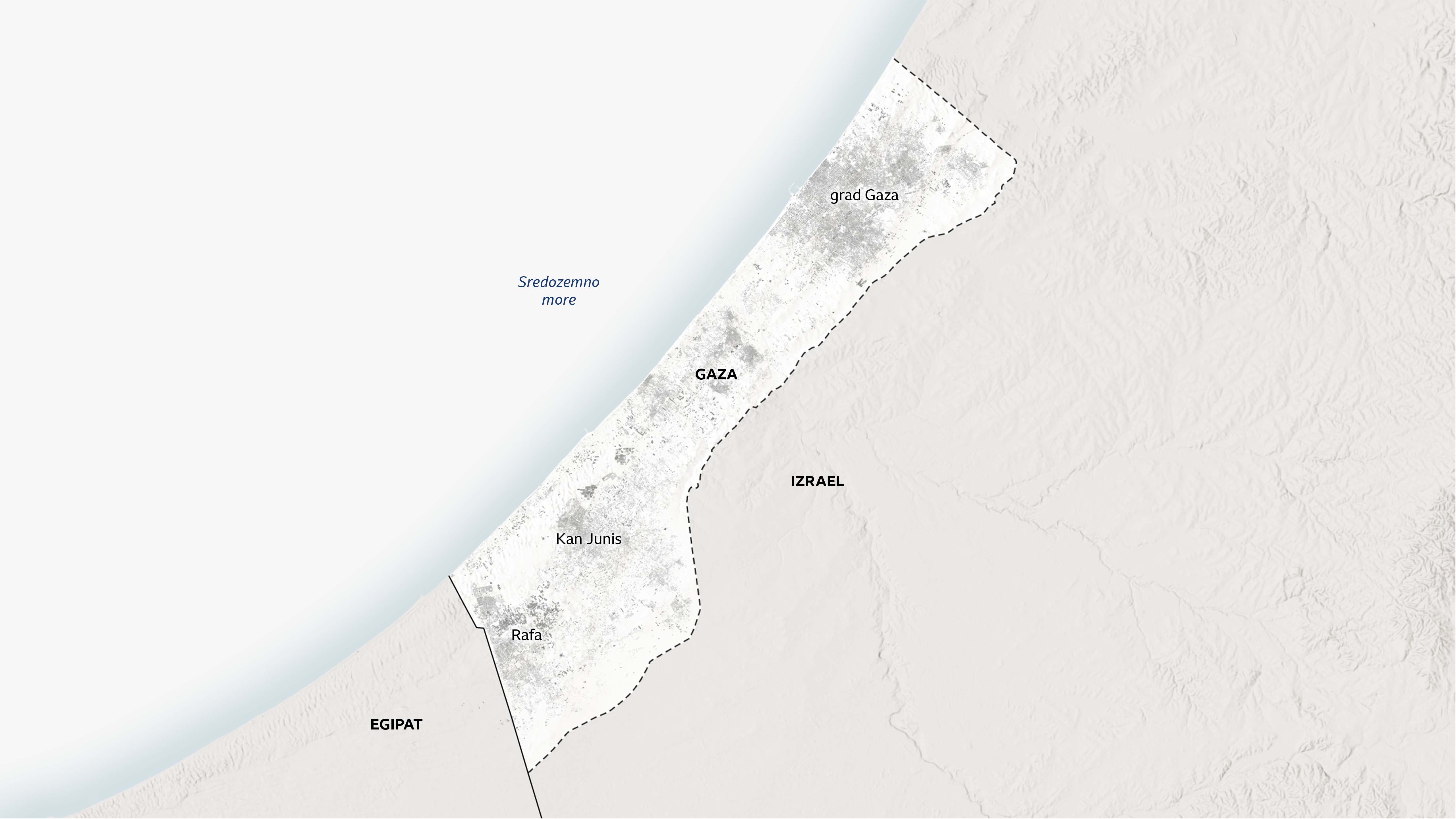 Mapa Gaze sa označenim velikim gradovima Rafa, Kan Junis i Gaza.