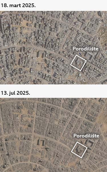 Slika Tel as-Sultana pre i posle, 10. maja 2025. i 4. jula 2025. Većina zgrada na slici ’posle’ su uništene; zgrada porodilišta, međutim, ostala je čitava.